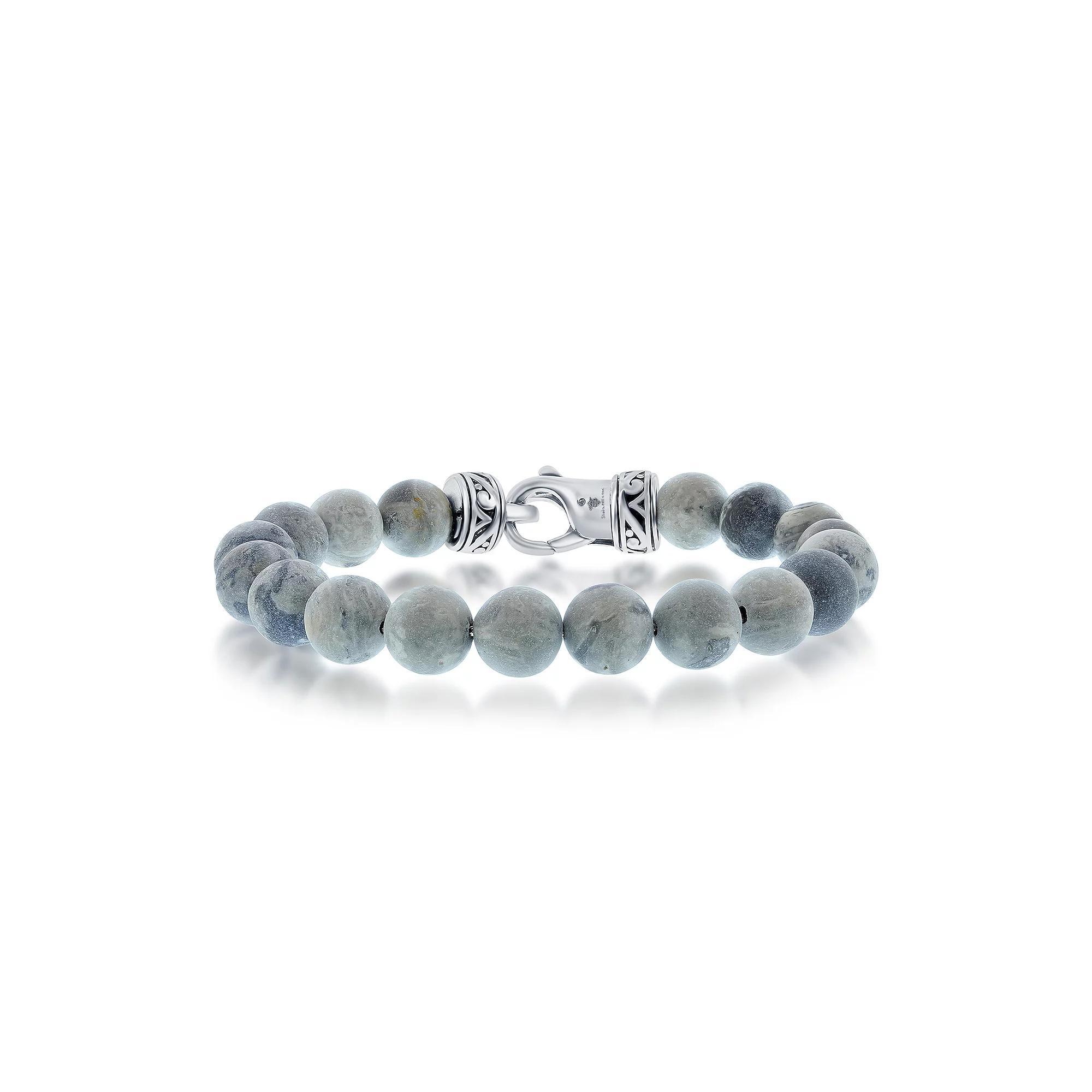 Men's Metallo Stainless Steel Genuine Stone 10mm Bead Bracelet, Size: 8.5", Gray Jasper Product Image