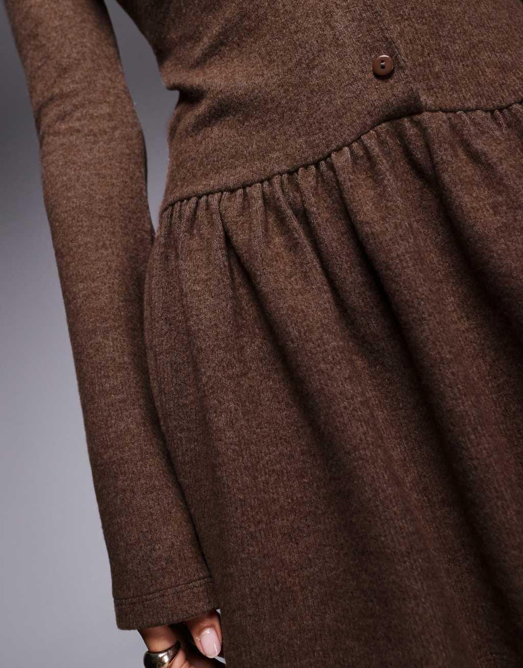 ASOS DESIGN dropped waist cozy supersoft long sleeve mini dress in brown Product Image