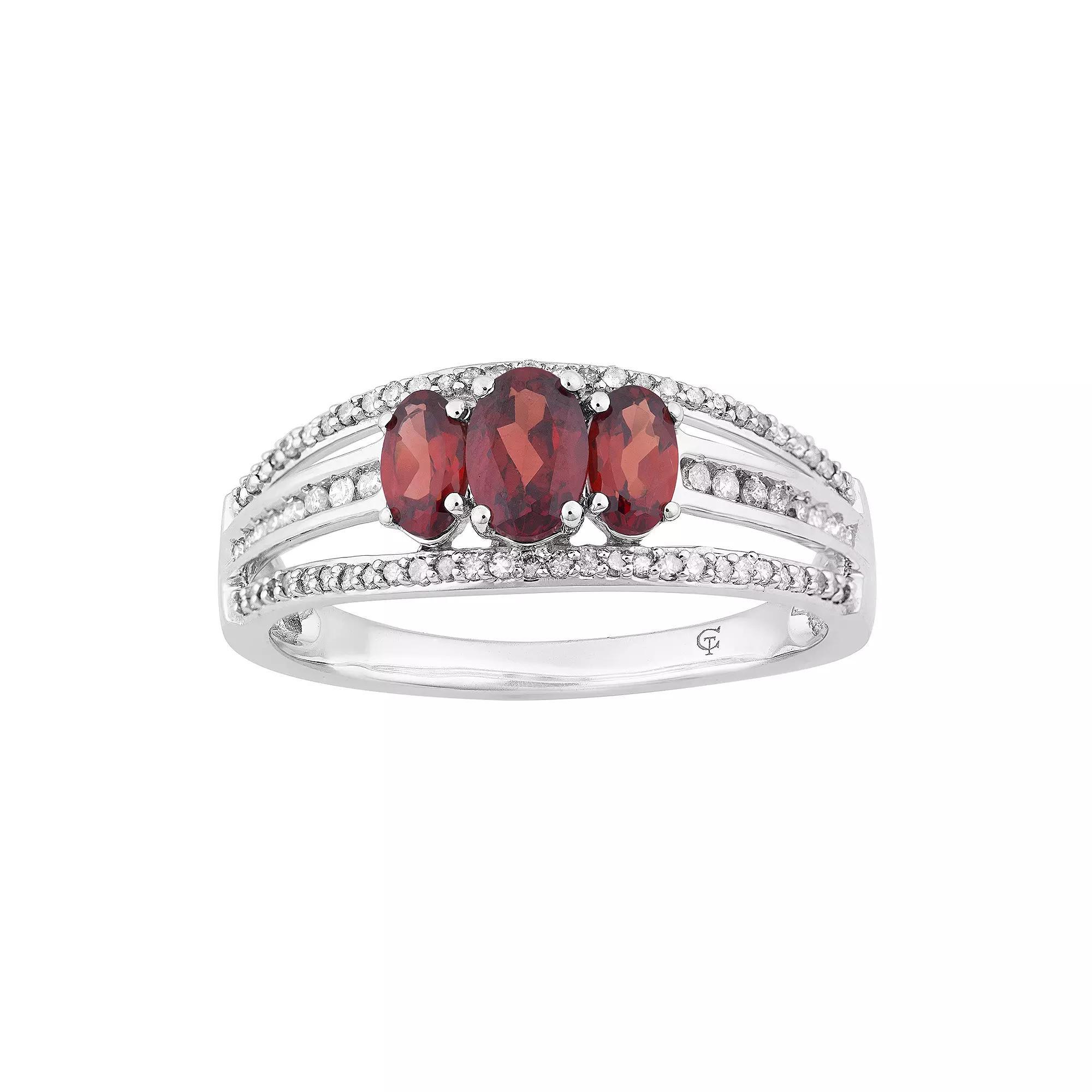 10k White Gold Garnet & 1/4 Carat T.W. Diamond 3-Stone Ring, Women's, Size: 6, 10k Whgold Product Image