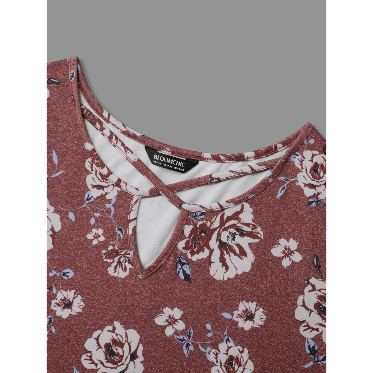 Plus Size Notched Collar Floral Crisscross T-Shirt Scarlet Women Casual Cut-Out Natural Flowers Notched collar Everyday T-shirts BloomChic 22-24/3X Product Image