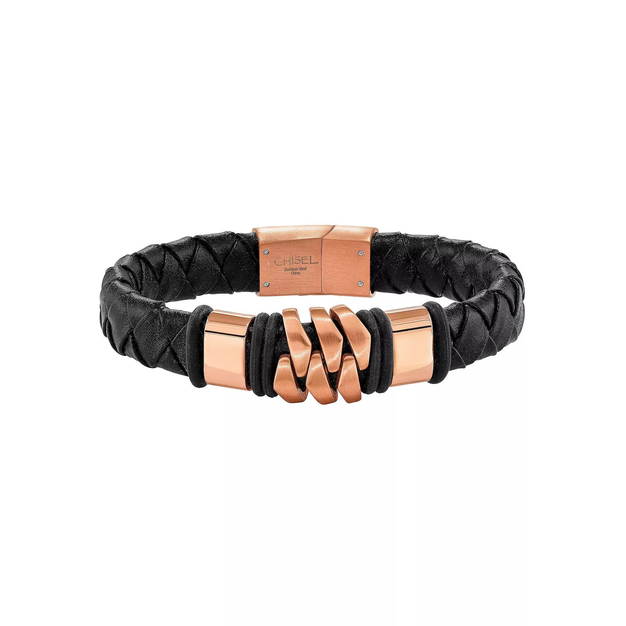 Mens Rose Plated Stainless Steel Black Leather Bracelet Product Image