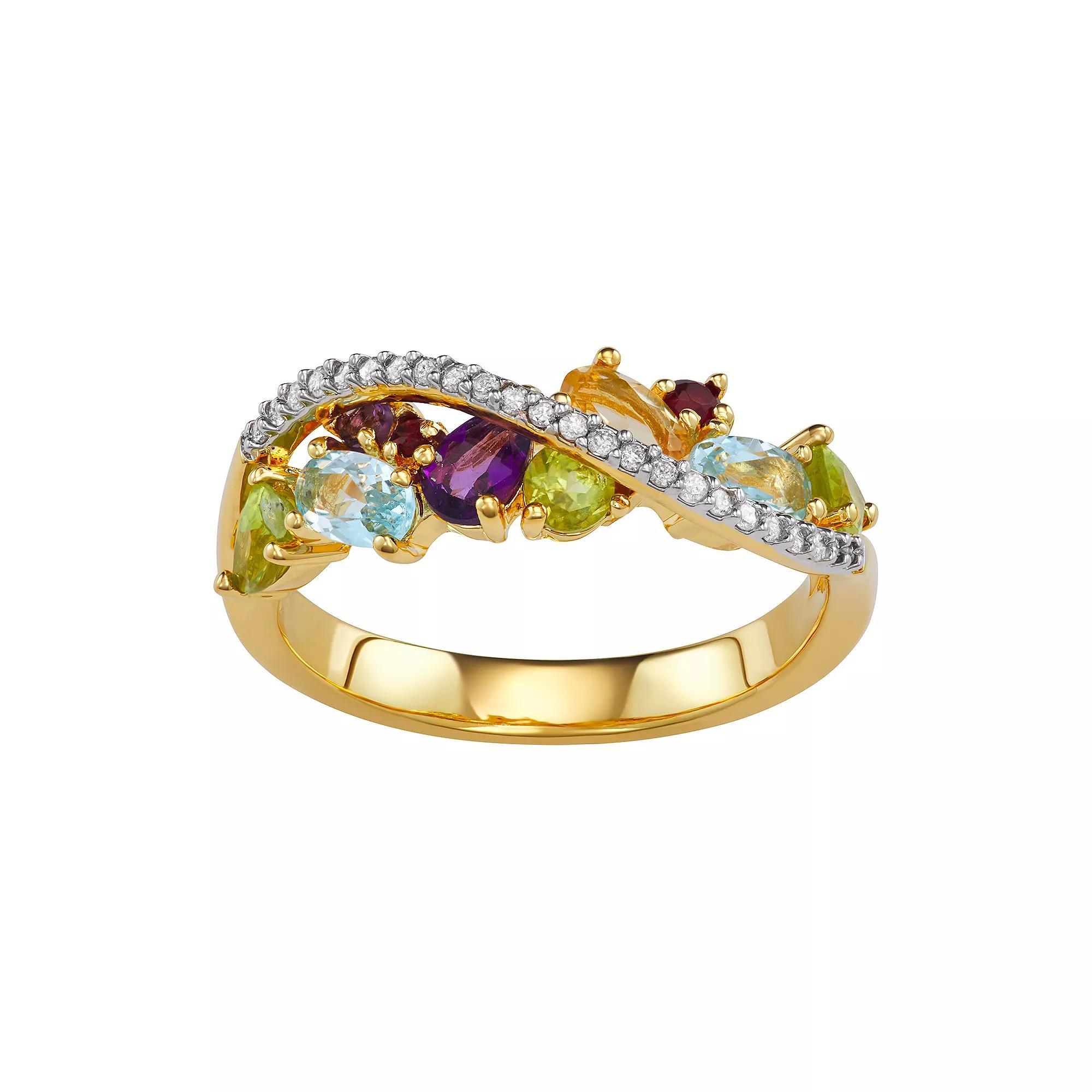 18K Gold Over Sterling Silver Gemstone & 1/10 Carat T.W. Diamond Ring, Women's, Size: 7, Gold Tone Product Image