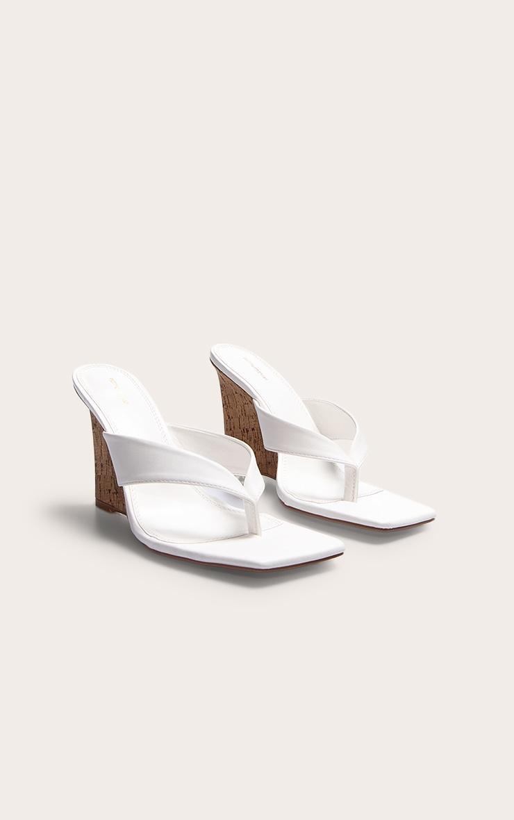 White Pu Round Toe Thong Heeled Wedges Product Image