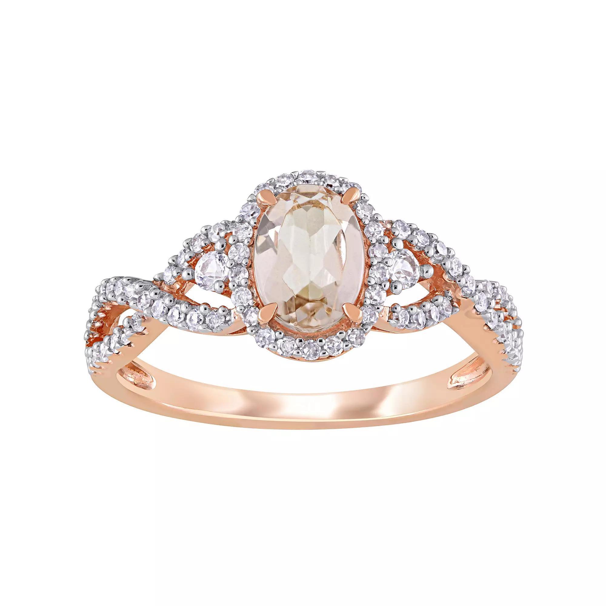 Stella Grace 10k Rose Gold Morganite, White Sapphire & 1/3 Carat T.W. Diamond Halo Ring, Women's, Size: 9.50 Product Image