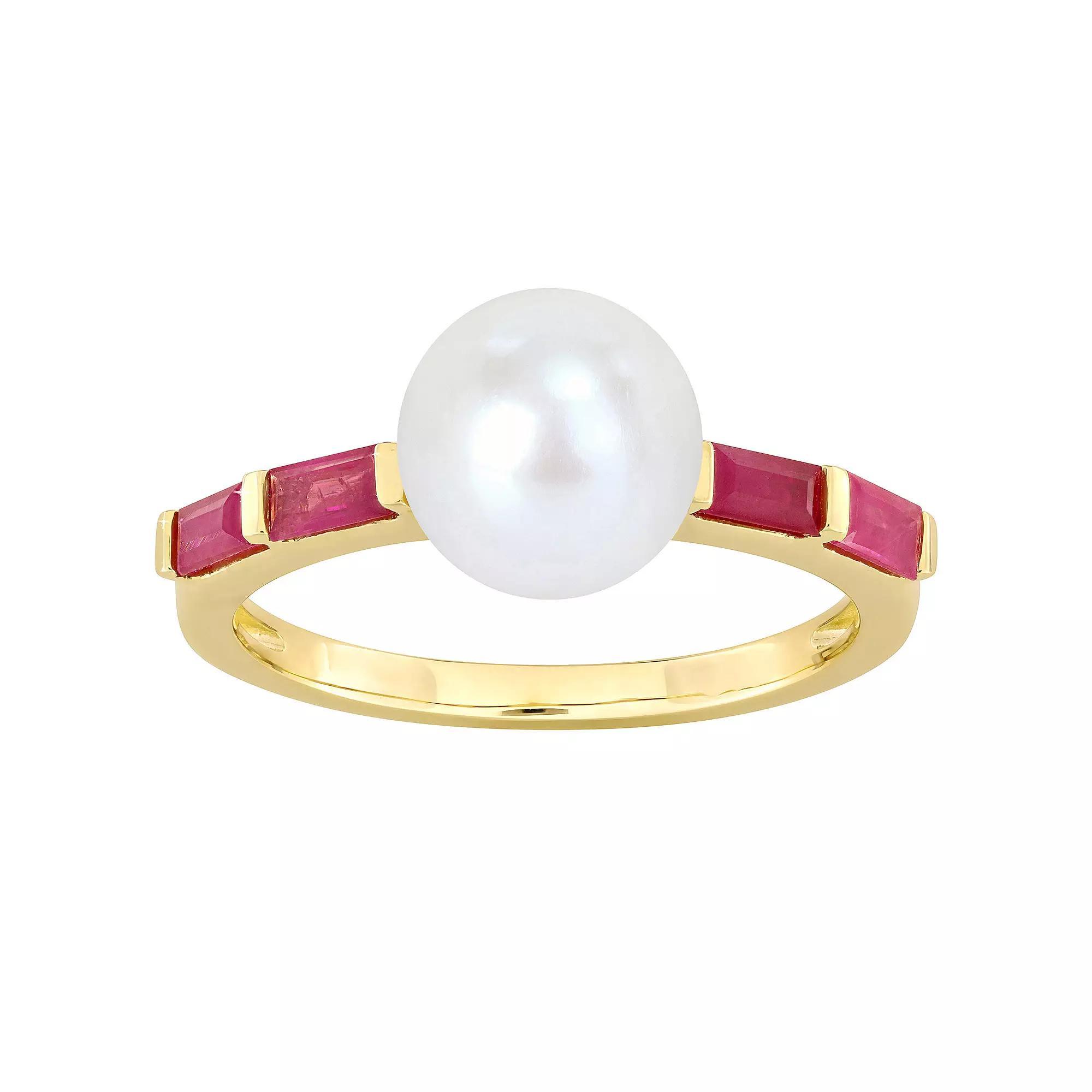 Stella Grace 10k Gold Freshwater Cultured Pearl & Ruby Stackable Ring, Women's, Size: 7 Product Image