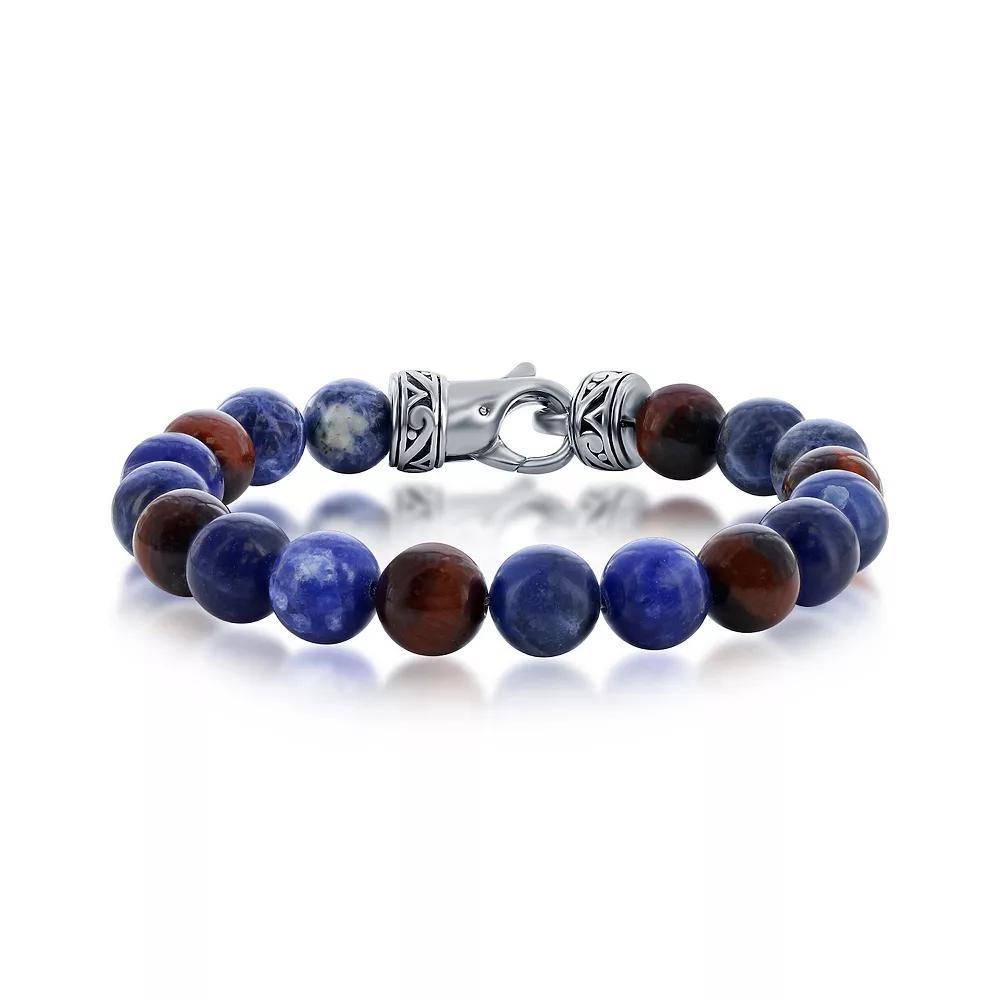 Mens Metallo Stainless Steel Red Tiger Eye & Sodalite Bead Bracelet Product Image