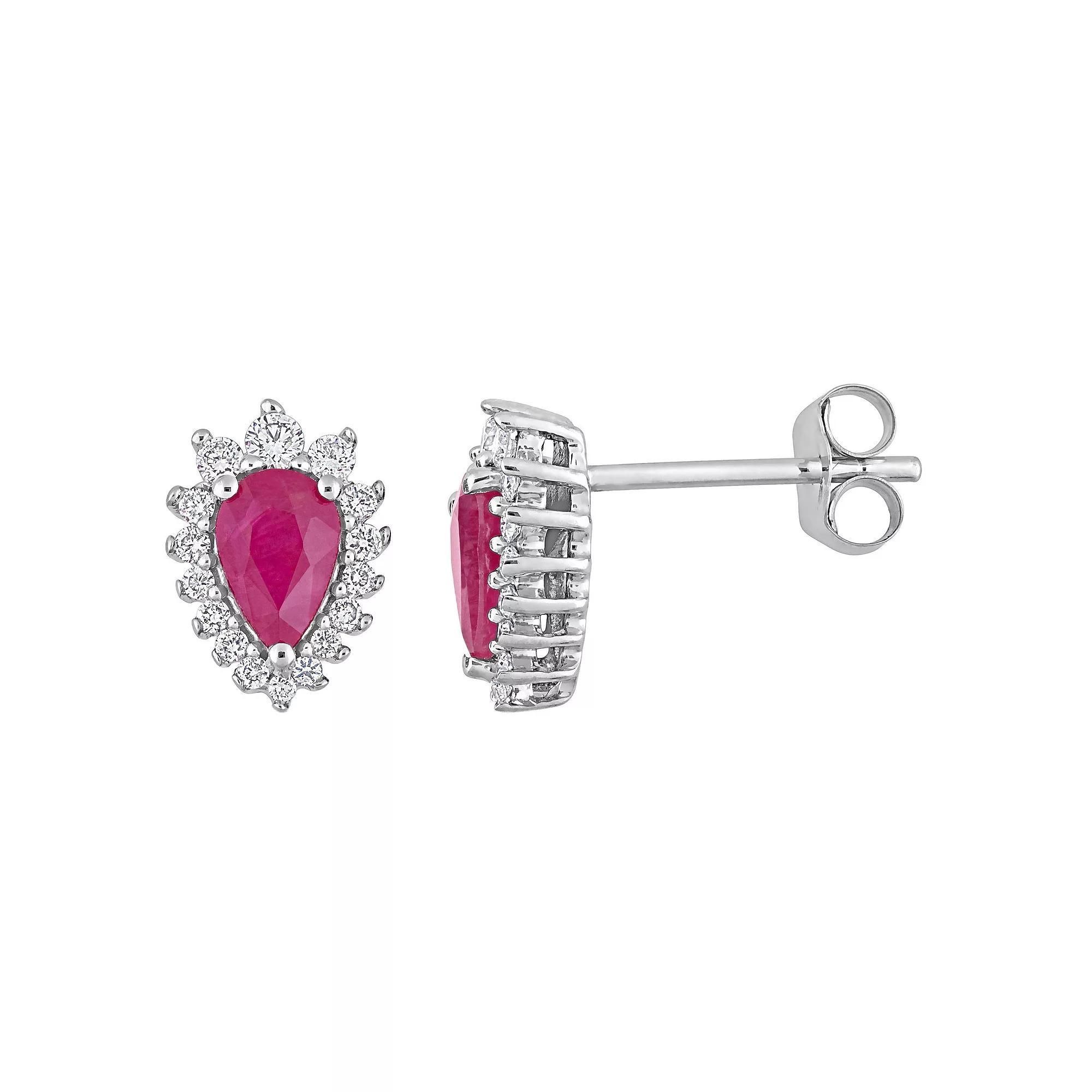 Stella Grace 14k White Gold Ruby & 1/4 Carat T.W. Diamond Halo Teardrop Earrings, Women's Product Image