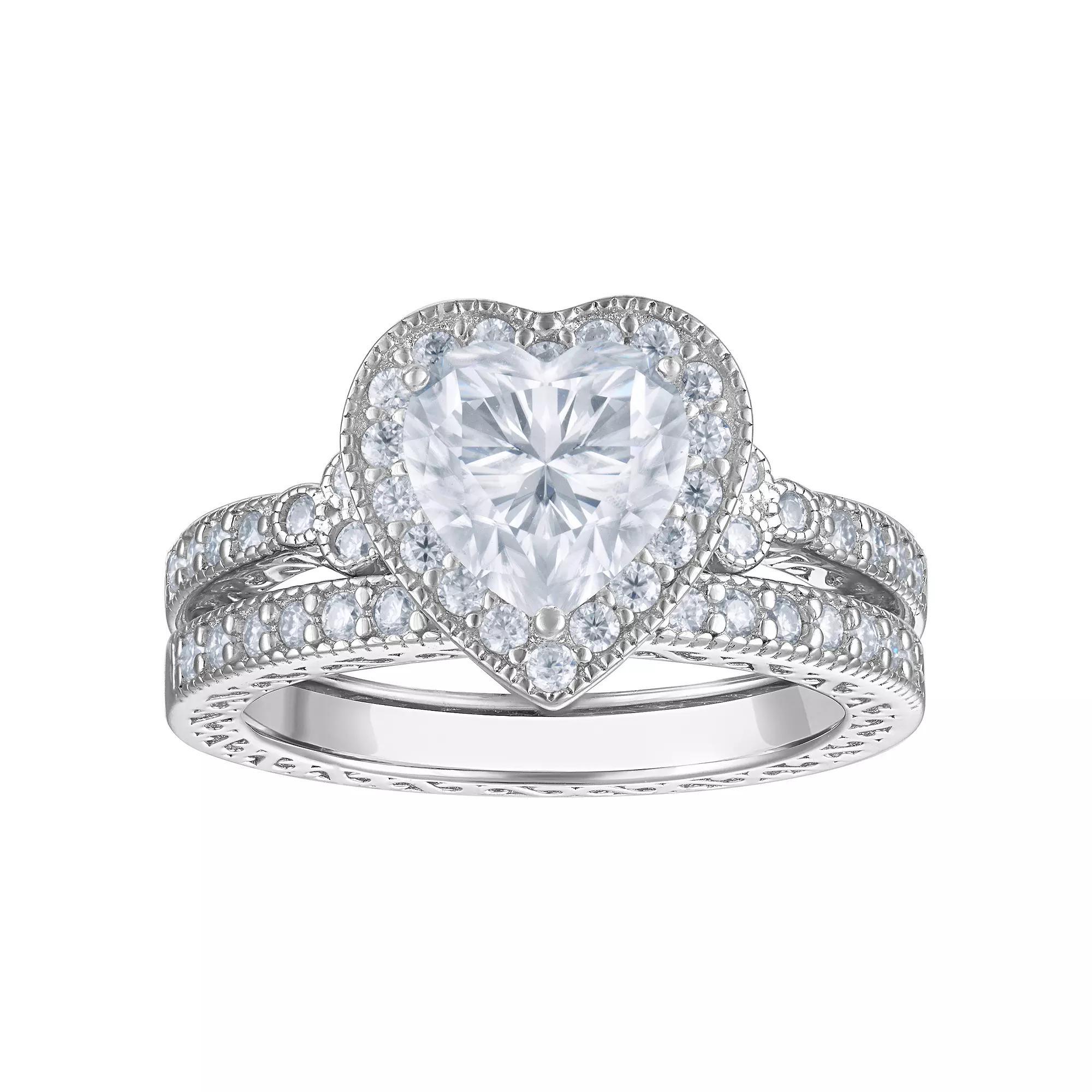 White Lotus Sterling Silver Lab-Created Moissanite Heart Bridal Ring Set, Women's, Size: 7 Product Image