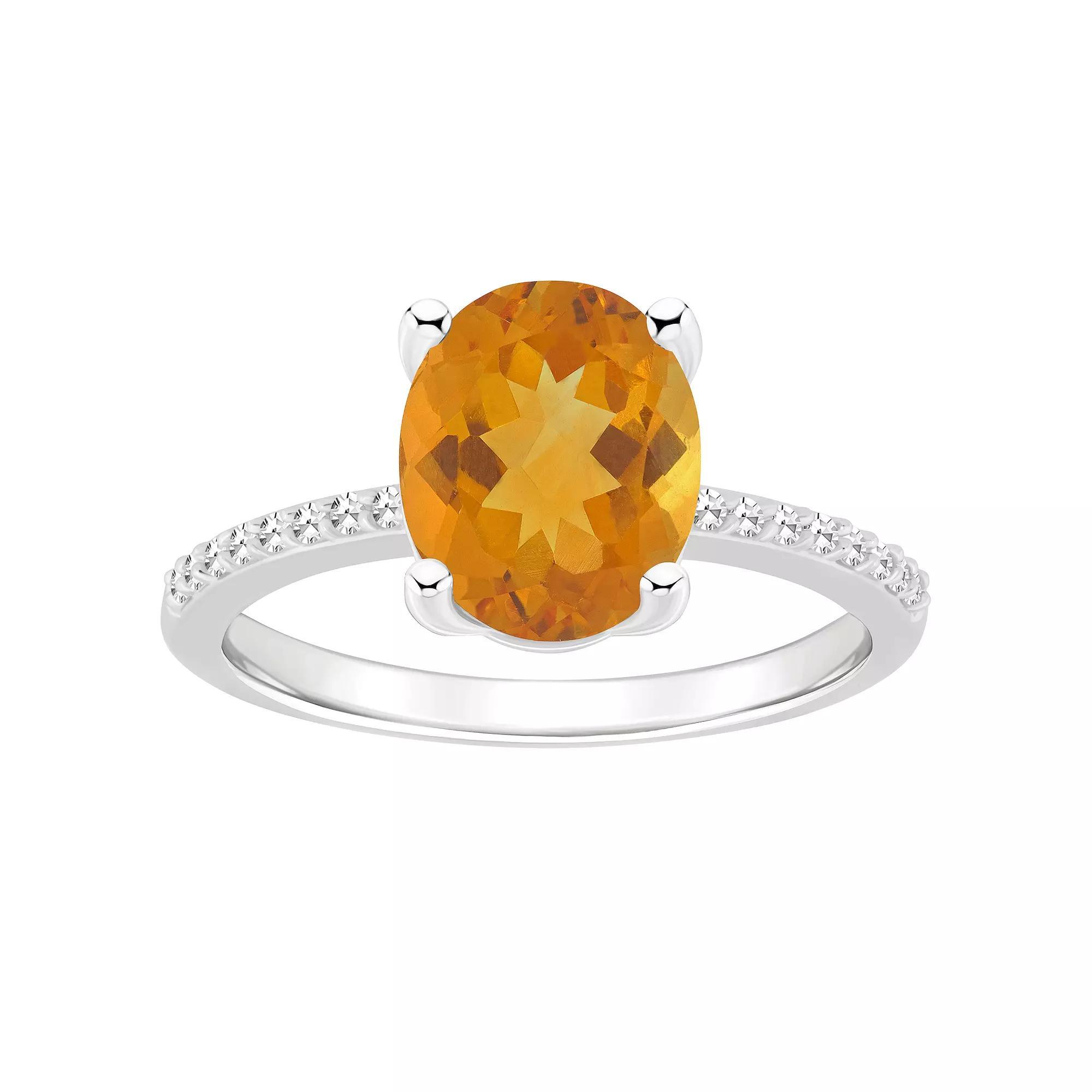 Alyson Layne Sterling Silver 10 mm x 8 mm Oval Gemstone & 1/10 Carat T.W. Diamond Ring, Women's, Size: 6, Citrine Product Image