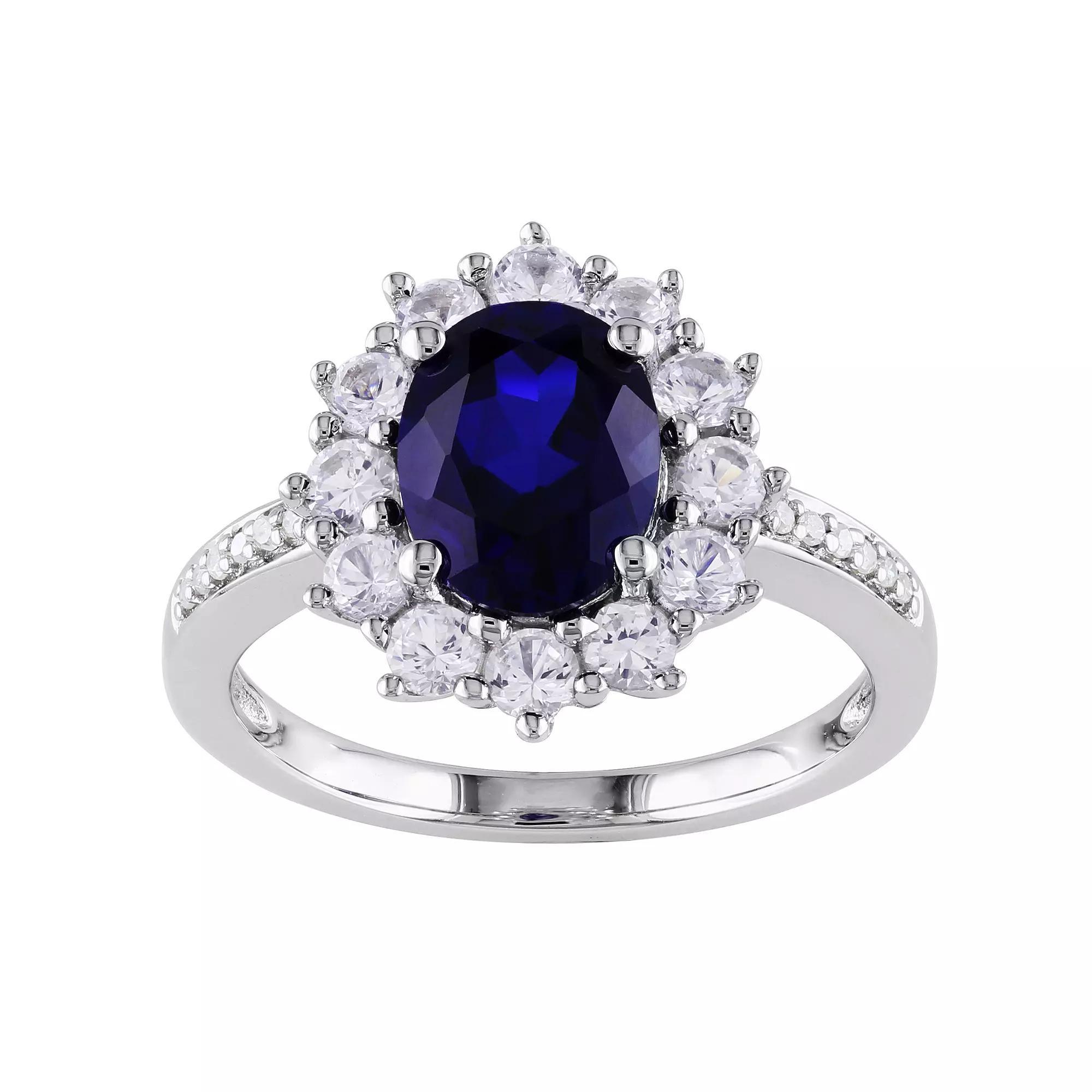 Stella Grace Sterling Silver Lab-Created Blue & White Sapphire, Diamond Accent Halo Ring, Women's, Size: 11 Product Image