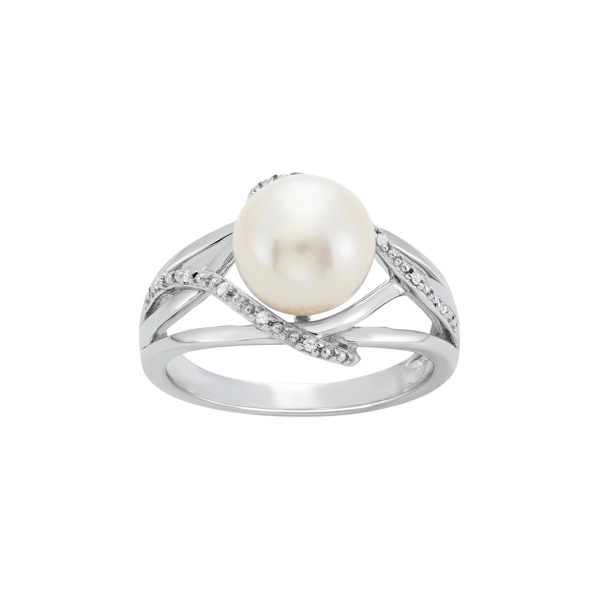 Freshwater Cultured Pearl and Diamond Accent Sterling Silver Openwork Ring, Women's, Size: 8, White Product Image