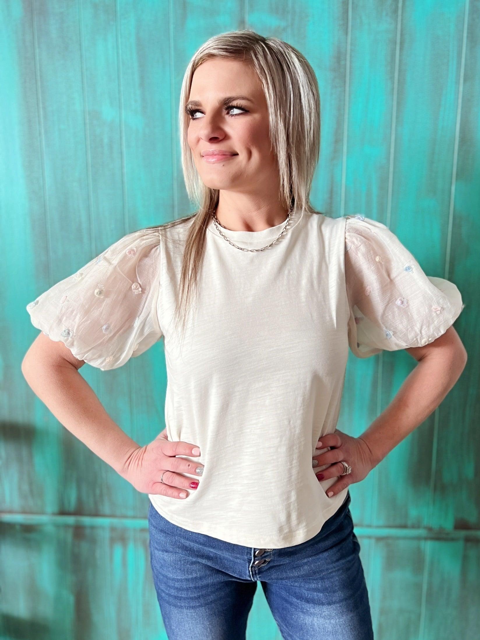 3D Flower Textured Sleeve Cream Top Product Image
