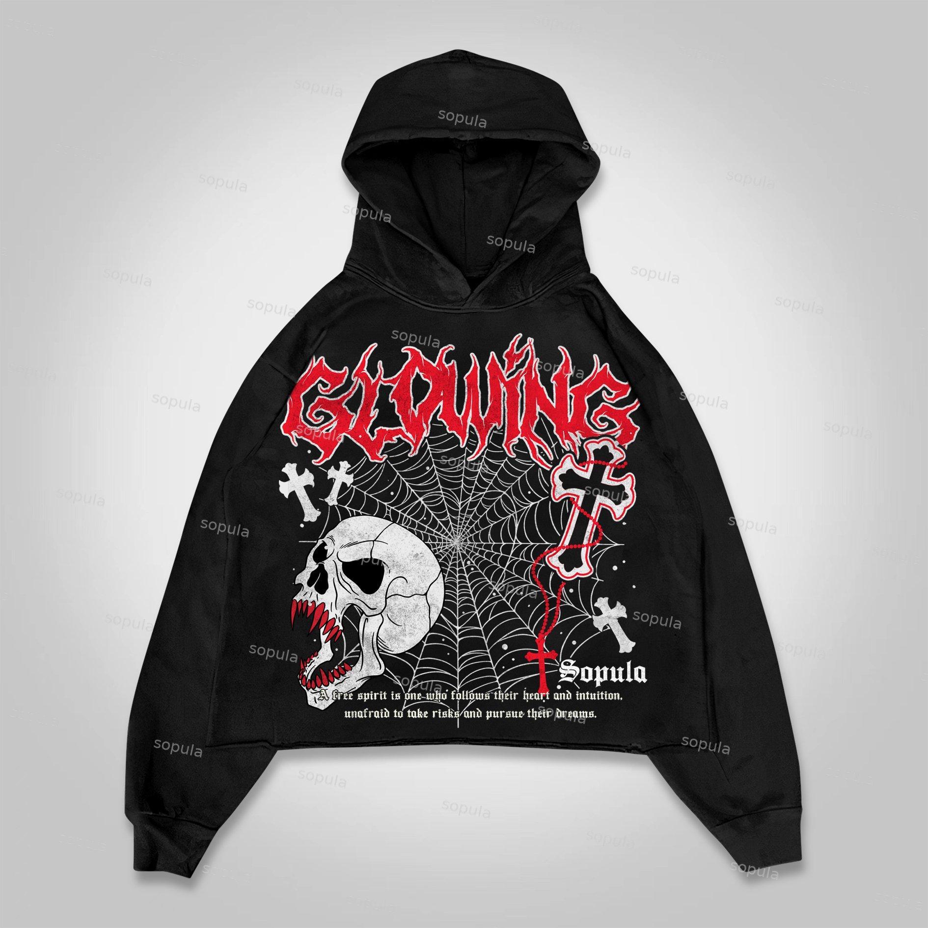 Sopula Vintage Skull Spider Web Cross Cropped Hoodie Product Image