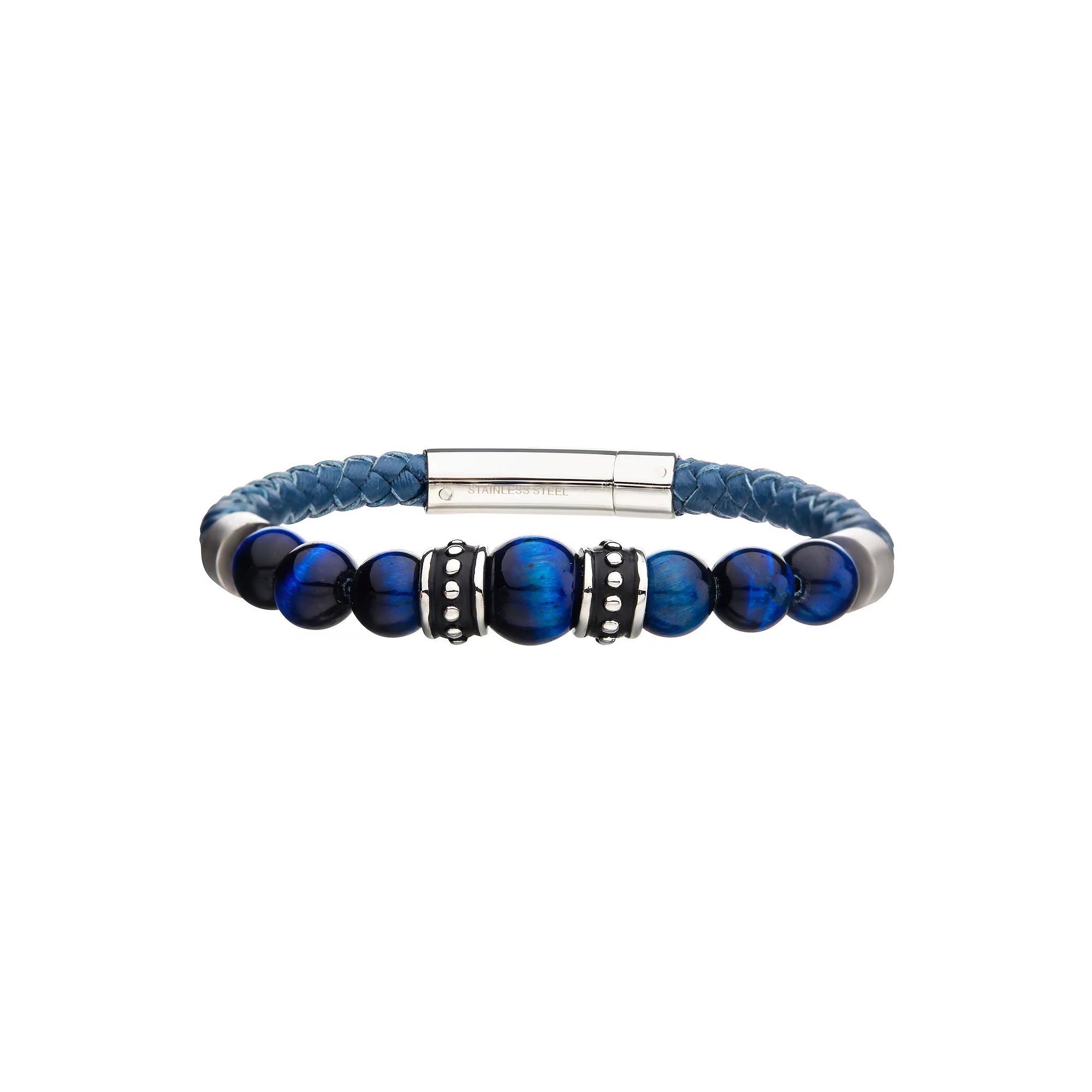 Men's Stainless Steel Blue Tiger's Eye Bead & Blue Leather Bracelet, Size: 8.25" Product Image