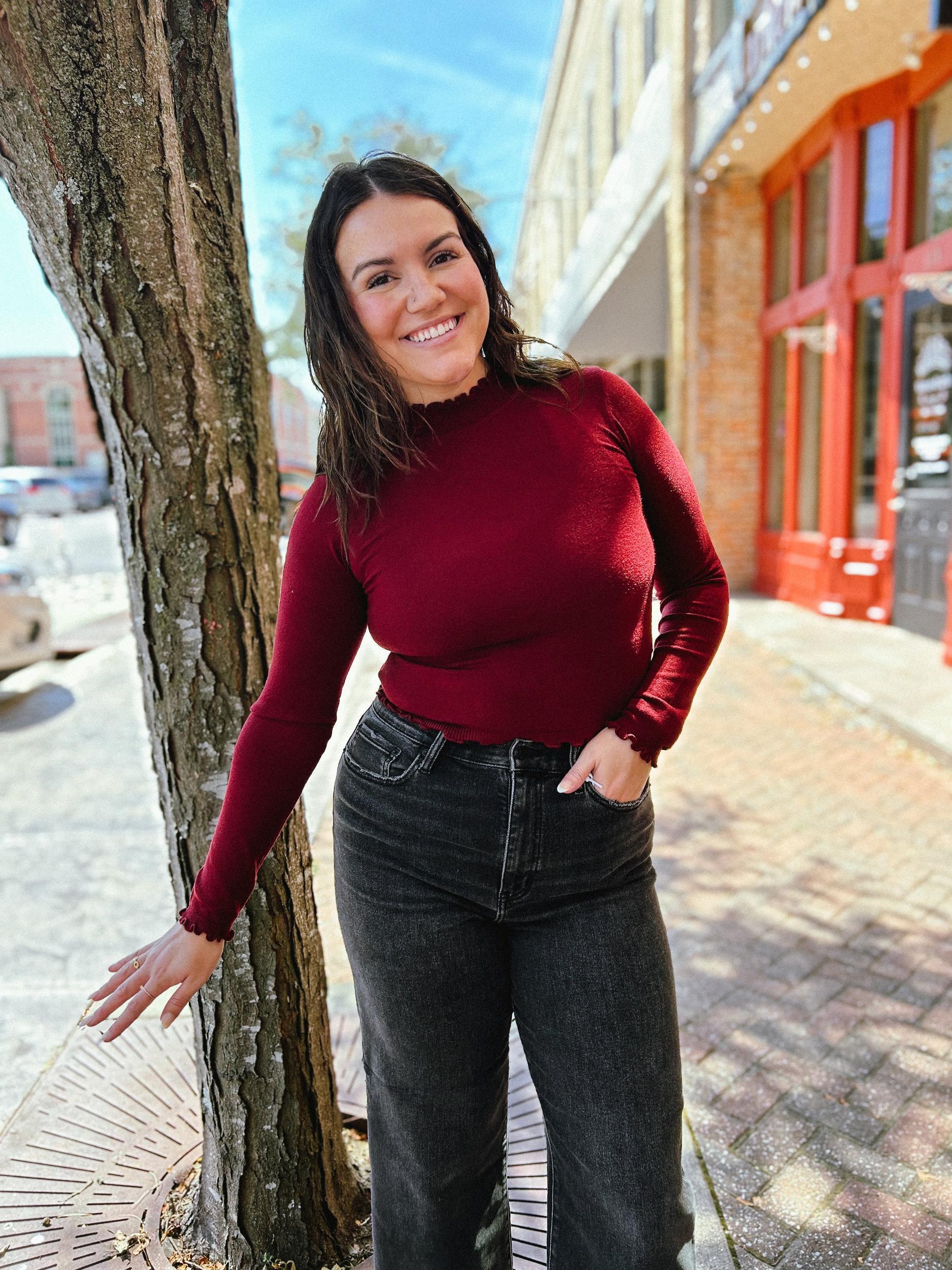 Lettuce Trim Mockneck Sweater Top Oxblood Product Image