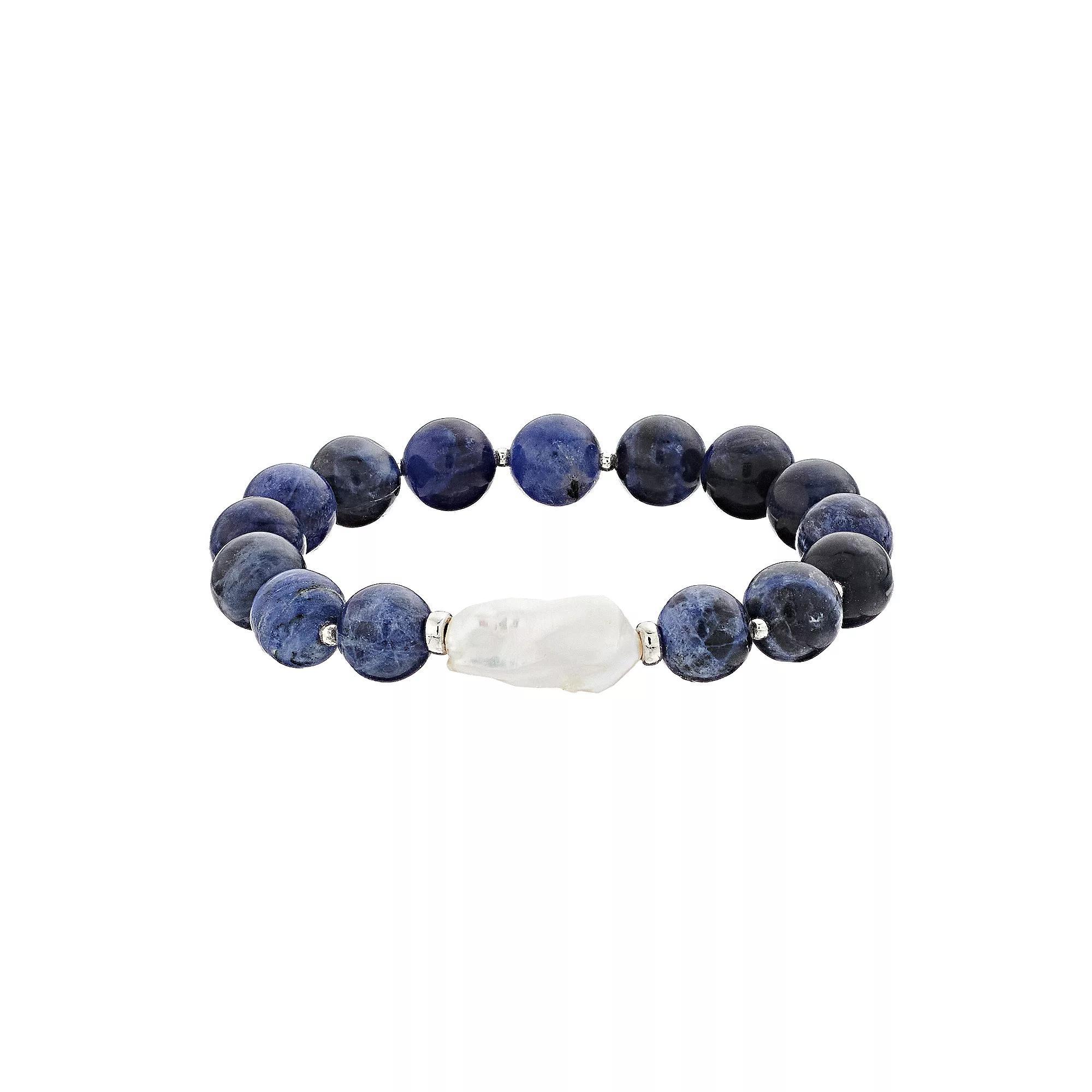 Aleure Precioso 10 mm Bead & Freshwater Pearl Stretch Bracelet, Women's, Size: 7.5", Sterling Sodalite Product Image
