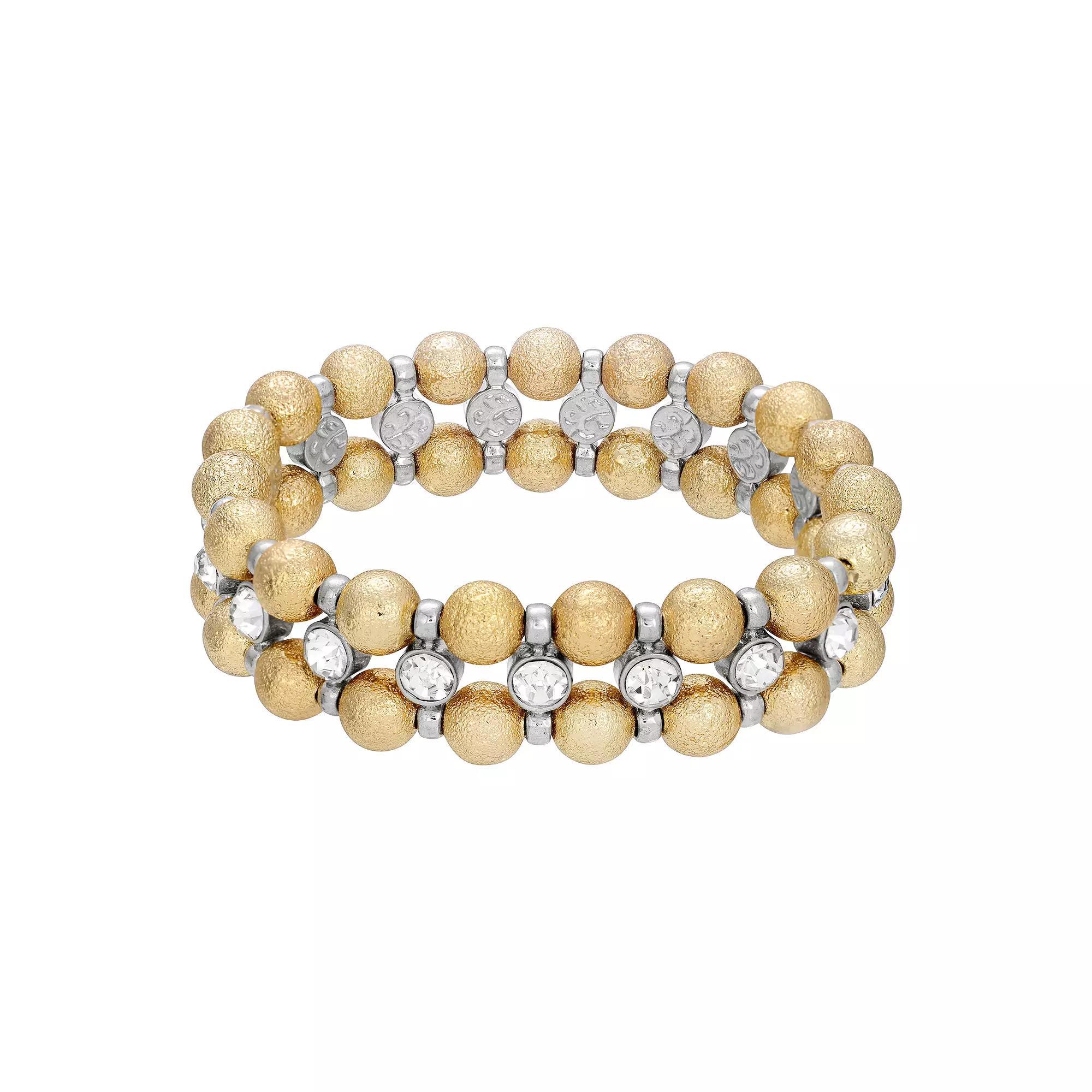 1928 Gold Tone Brushed Ball & Crystal Stretch Bracelet, Womens, White Product Image