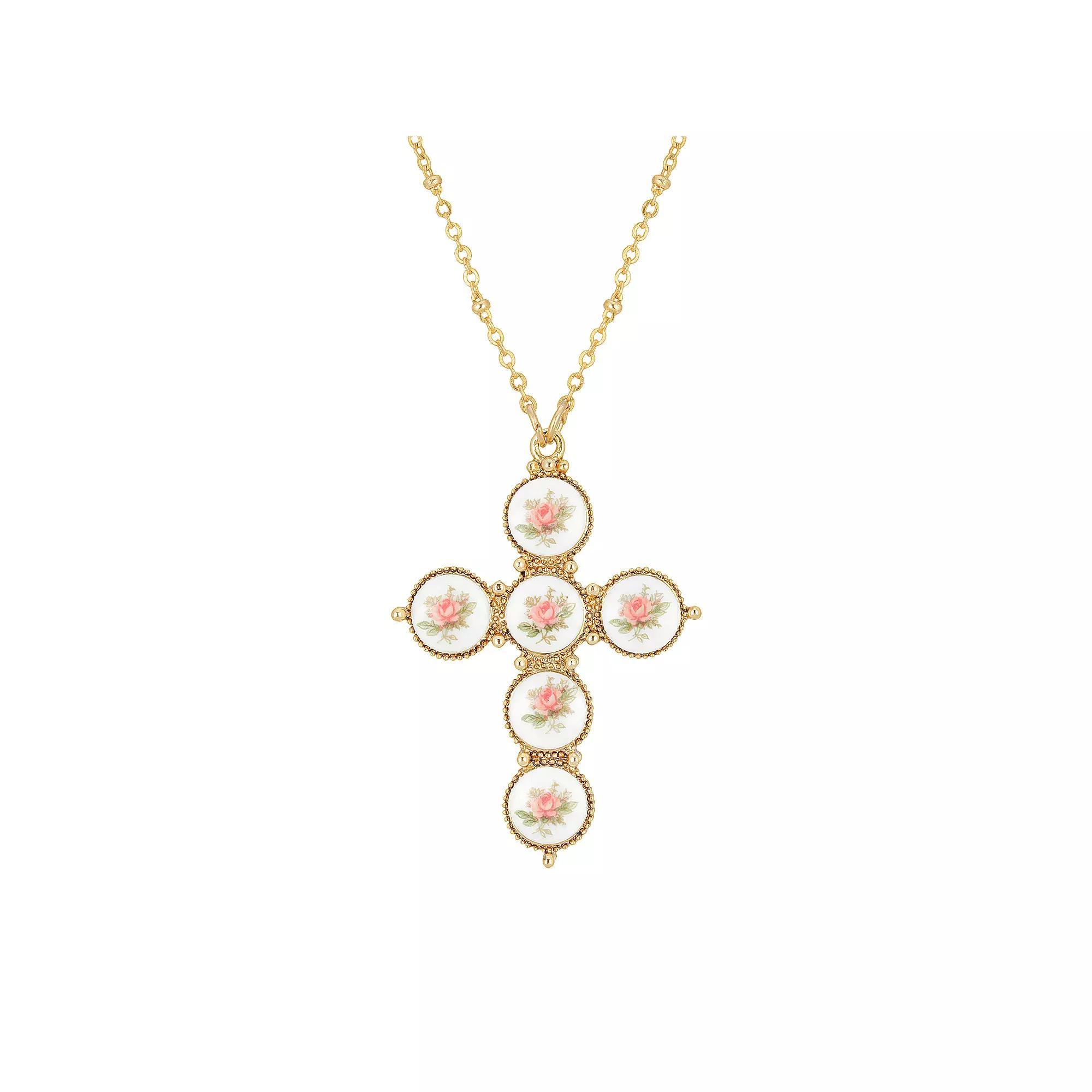 1928 Gold Tone Pink Flower Decal Cross Pendant Necklace, Womens Product Image