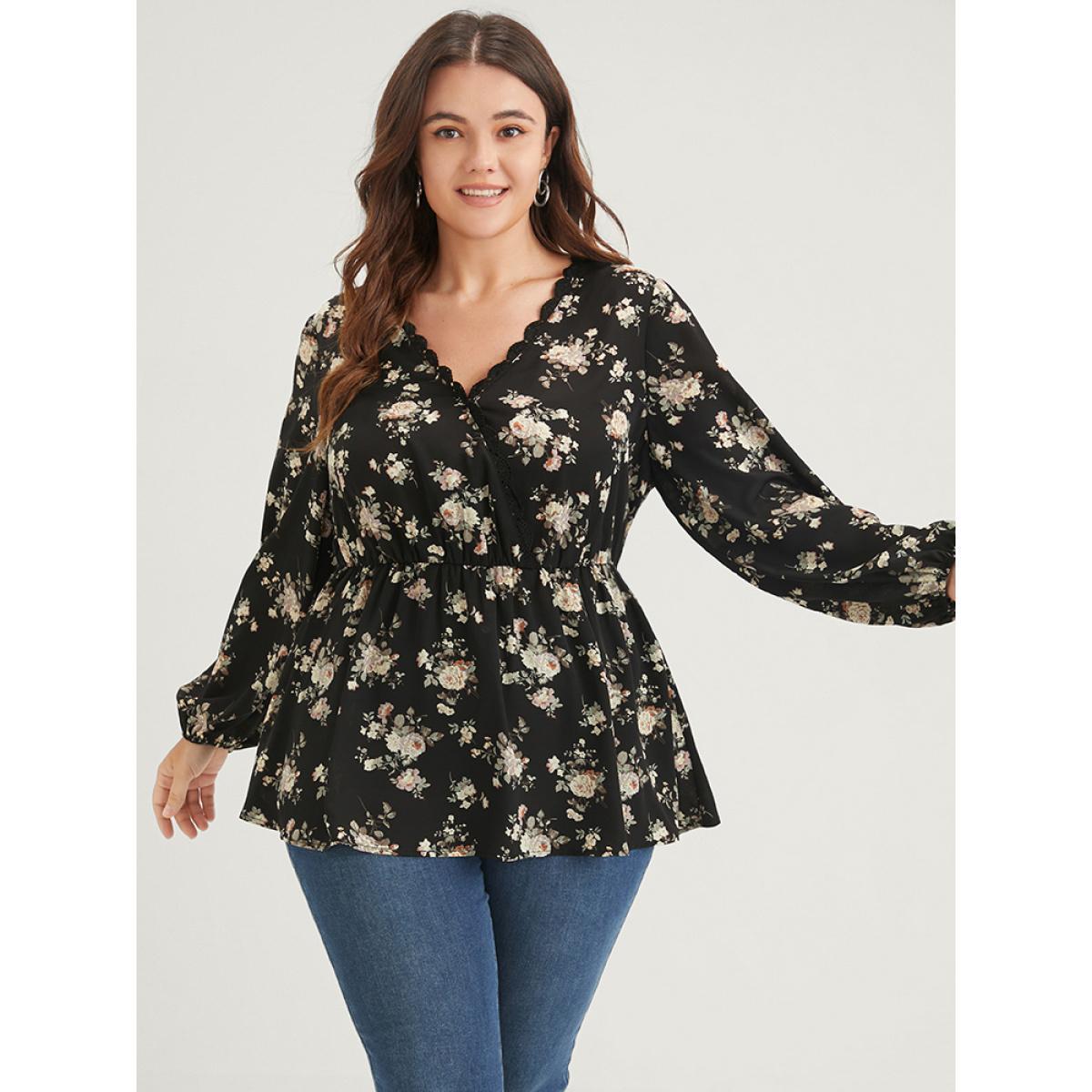 Plus Size Black Floral Scalloped Flutter Hem Lace Trim Wrap Blouse Women Elegant Long Sleeve V-neck Dailywear Blouses BloomChic 26/4X Product Image