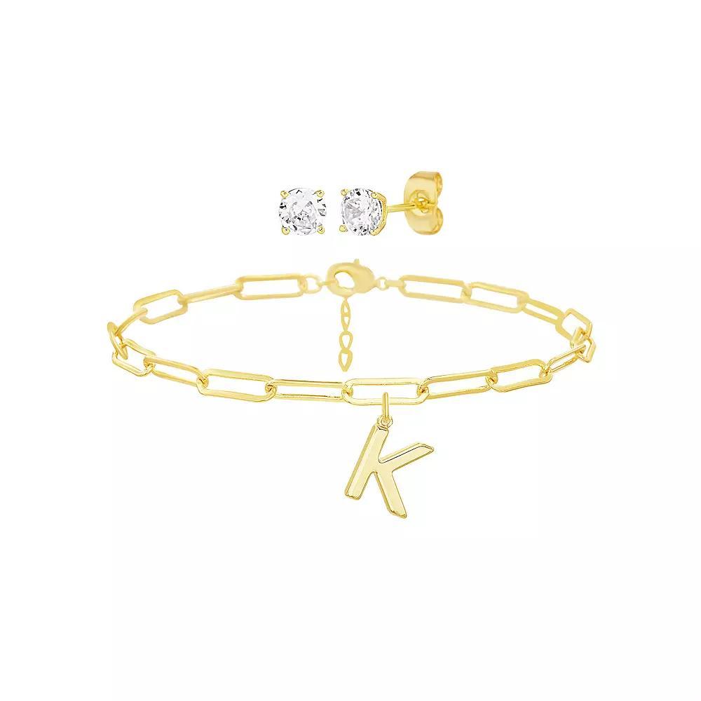 Paige Harper 14k Gold Plated Initial Charm Bracelet & Cubic Zirconia Stud Earring Set, Womens Gold Tone K Product Image