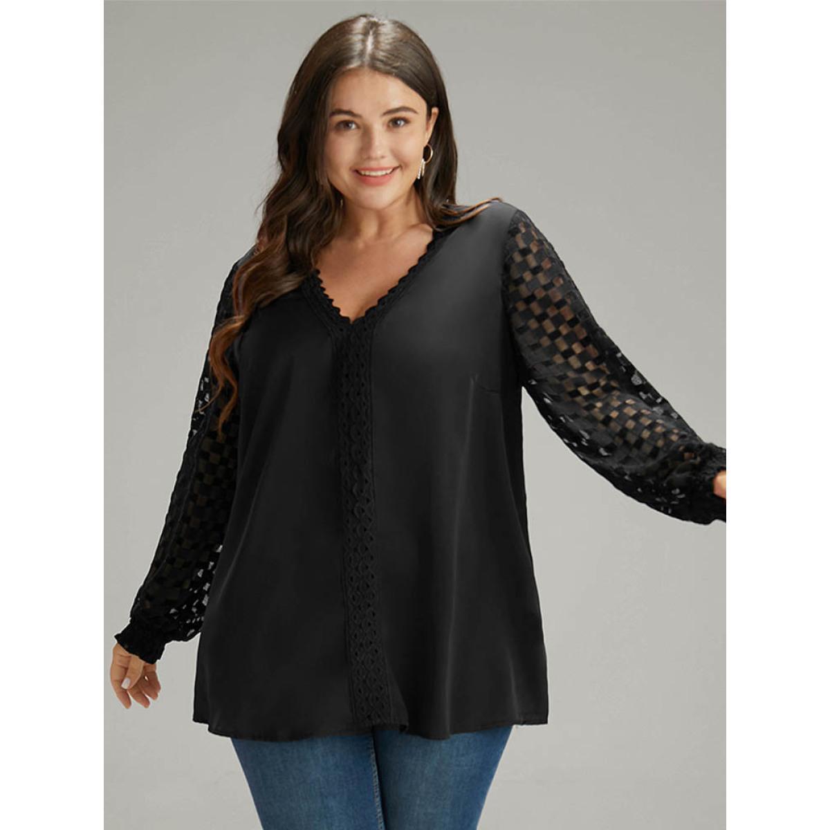Plus Size Black Lace Panel V Neck Shirred Mesh Blouse Women Glamour Long Sleeve V-neck Going out Blouses BloomChic 14-16/1X Product Image