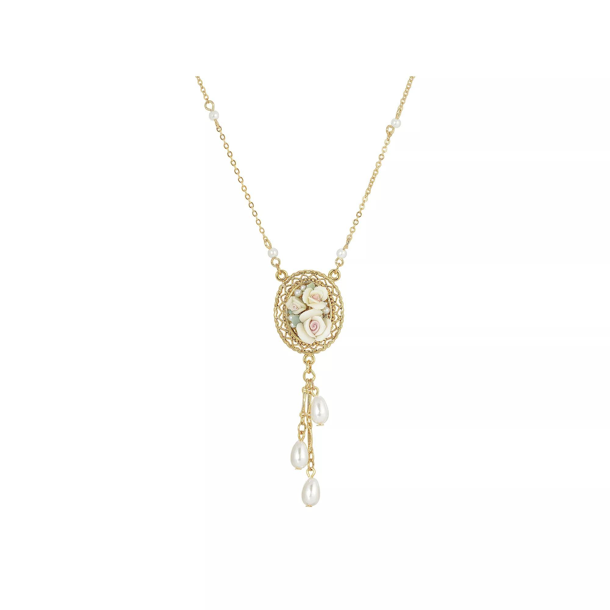 1928 Gold Tone Porcelain Rose Pendant Necklace with Simulated Pearl Drops, Womens, White Product Image