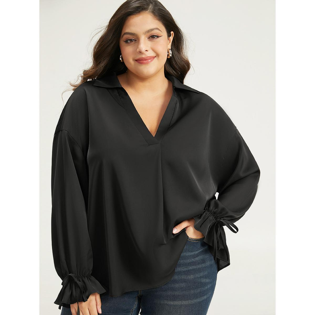 Plus Size Black Knot Pleated Lantern Sleeve Blouse Women Office Long Sleeve Shirt collar Work Blouses BloomChic 10/M Product Image