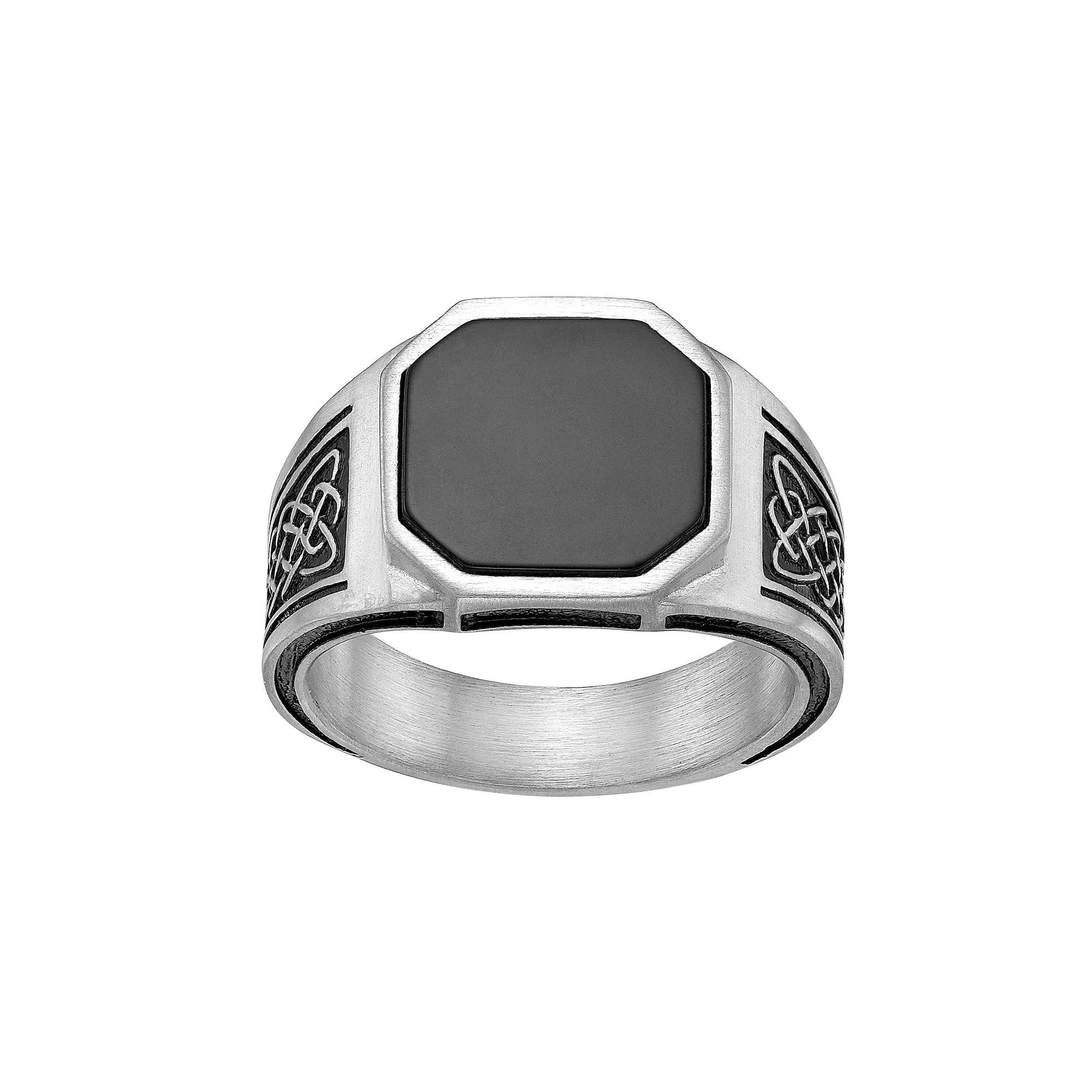 LYNX Men's Stainless Steel Black Agate Ring, Size: 8, White Product Image