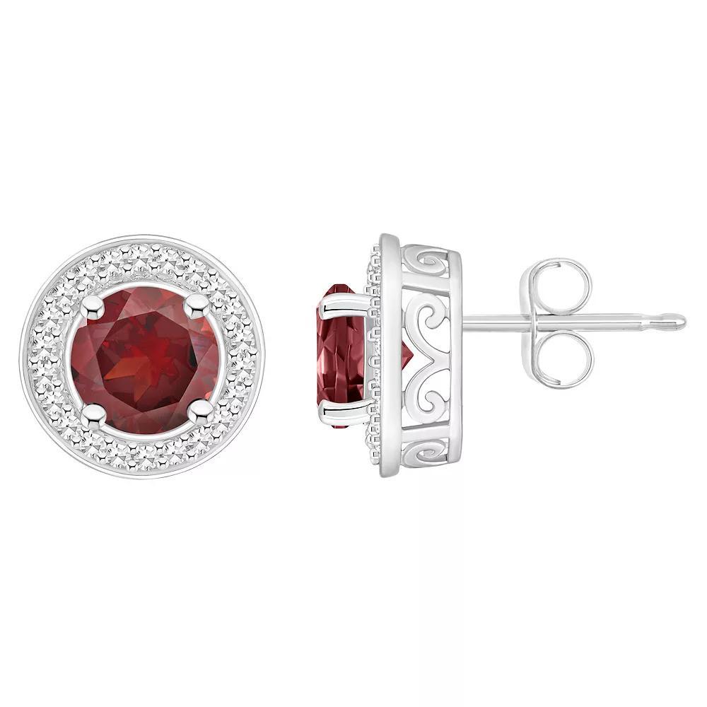 Celebration Gems Sterling Silver Round Gemstone & 1/5 Carat T.W. Diamond Halo Stud Earrings, Womens, Red Product Image