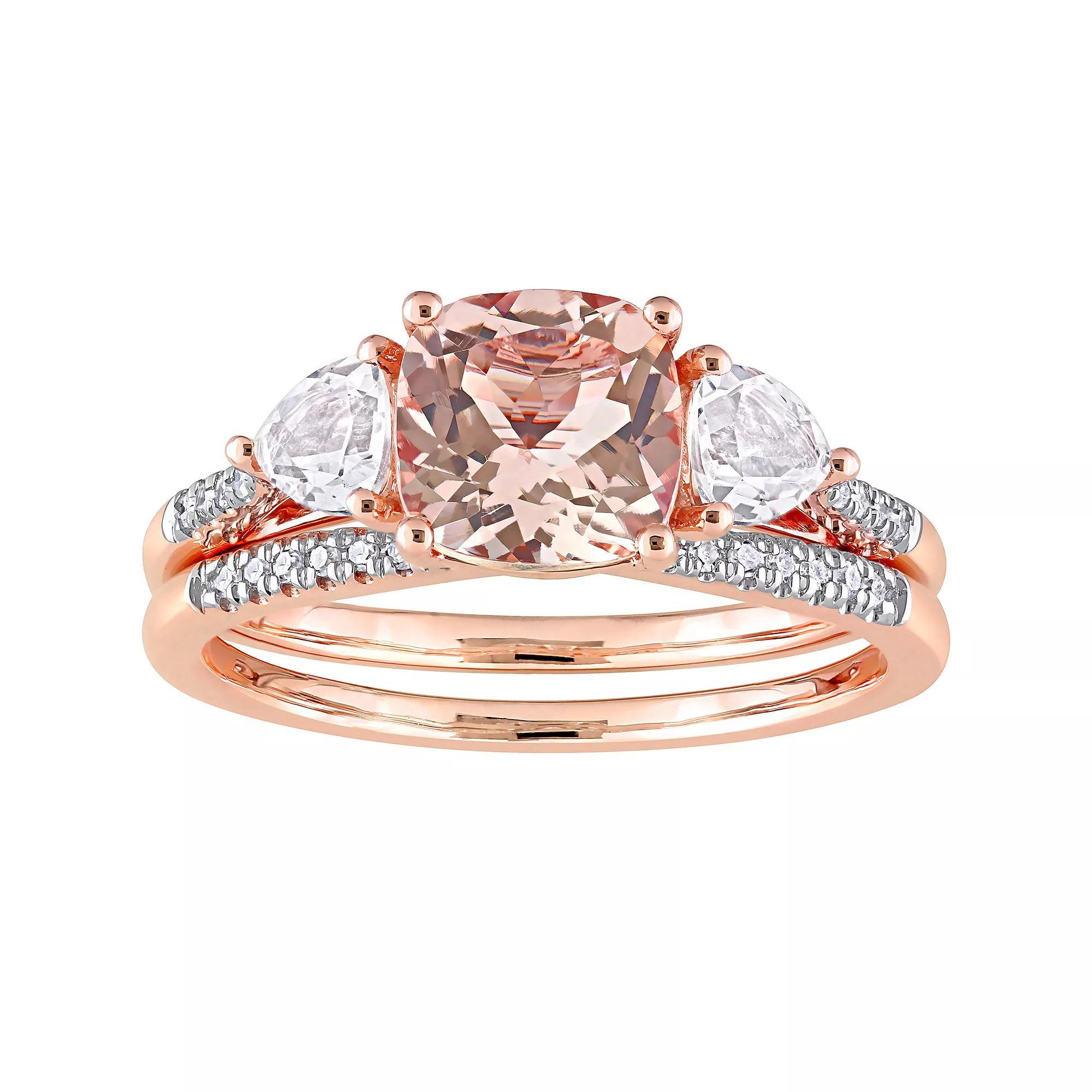 Stella Grace 10k Rose Gold Morganite, White Topaz & 1/10 Carat T.W. Diamond Bridal Ring Set, Women's, Size: 9.50, 10k Rsgold Product Image