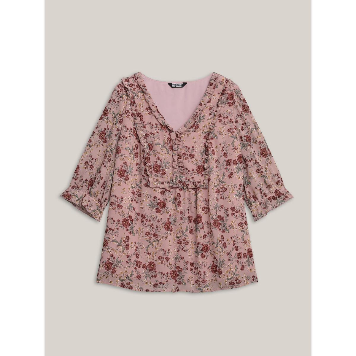Plus Size Rouge Chiffon Floral Print Ruffled Neck Flowy Shirt Women Elegant Elbow-length sleeve V-neck Everyday Blouses BloomChic 10/M Product Image