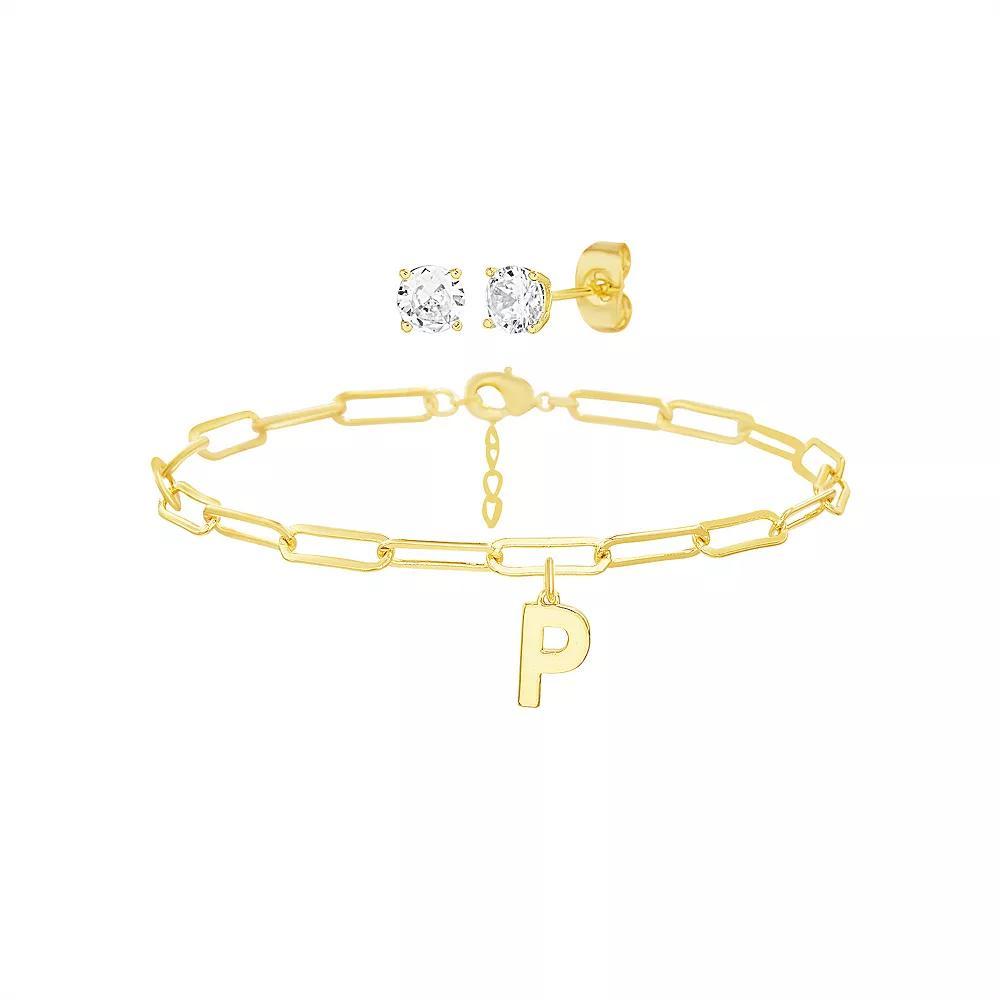 Paige Harper 14k Gold Plated Initial Charm Bracelet & Cubic Zirconia Stud Earring Set, Women's, Size: 7.5-8.5"AD, Gold Tone P Product Image