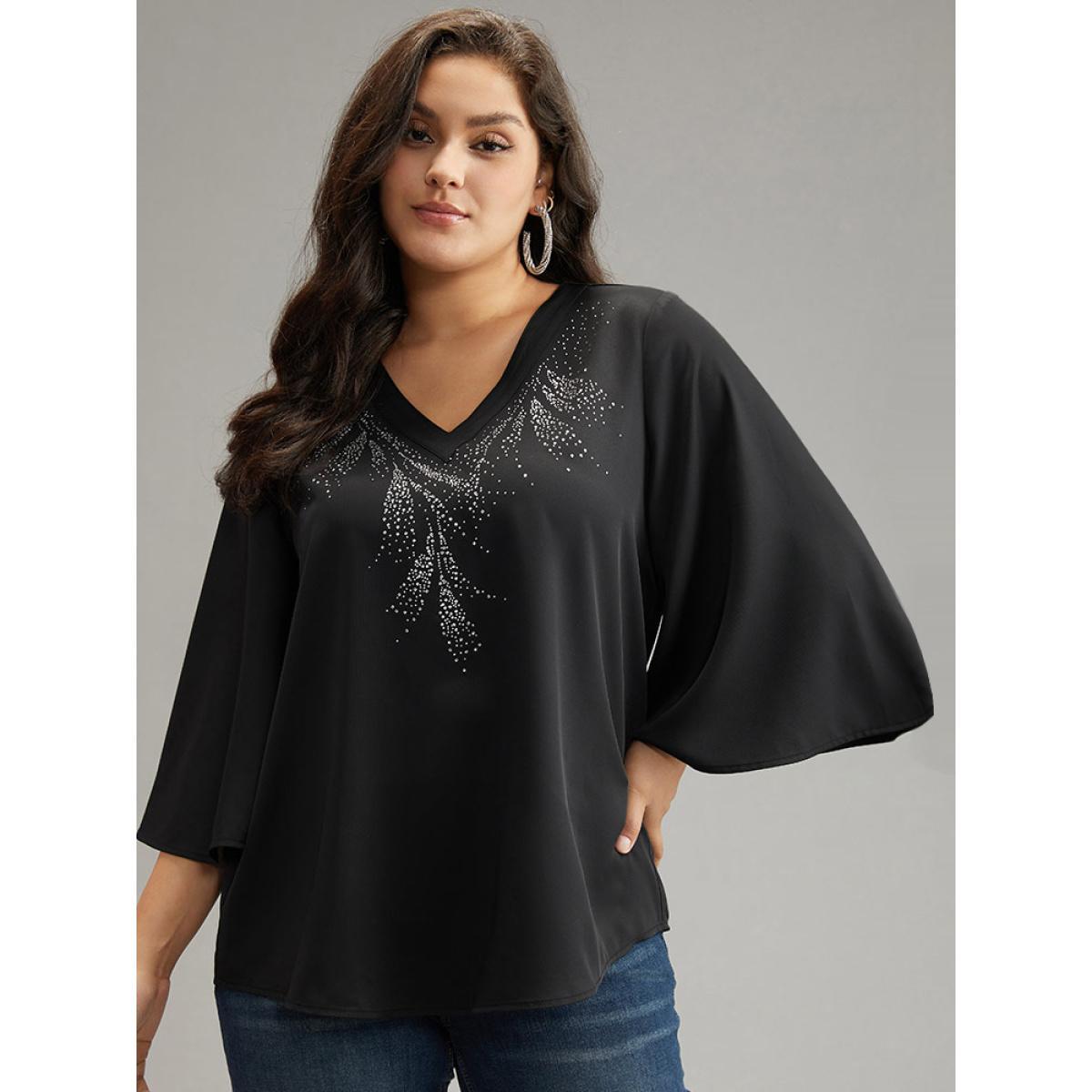 Plus Size Black Twill Rhinestone V Neck Ruffle Sleeve Blouse Women Glamour Elbow-length sleeve V-neck Going out Blouses BloomChic 12/L Product Image