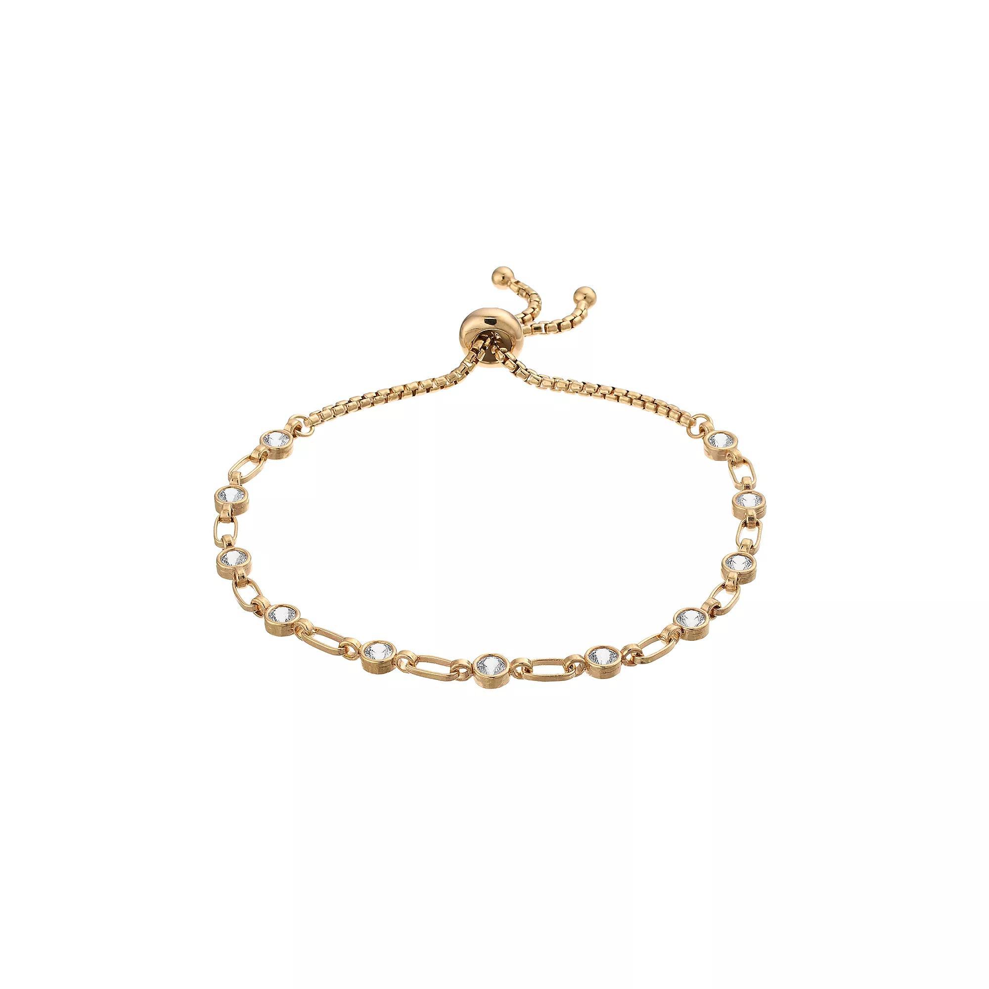 Kristen Kesho Sterling Silver Lab-Created White Sapphire Tennis Adjustable Bolo Bracelet, Women's, Size: 9.50, Gold Tone Product Image