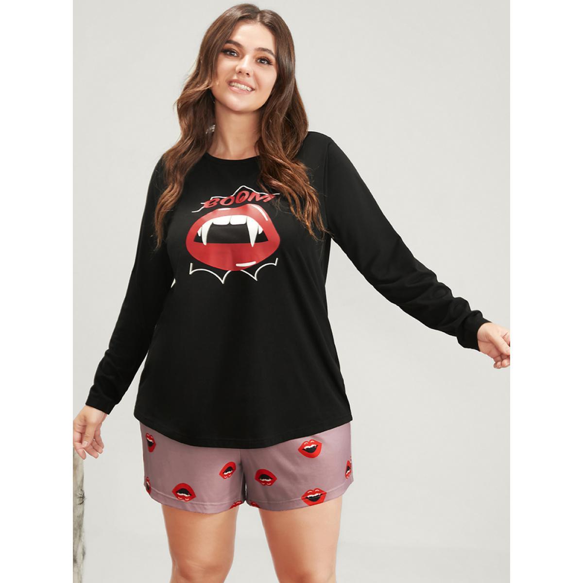 Plus Size Halloween Lip Print Pajama Set Women Black Graphic-Halloween Printed Long Sleeve Round Neck Casual Loungewear Sets BloomChic 22-24/3X Product Image