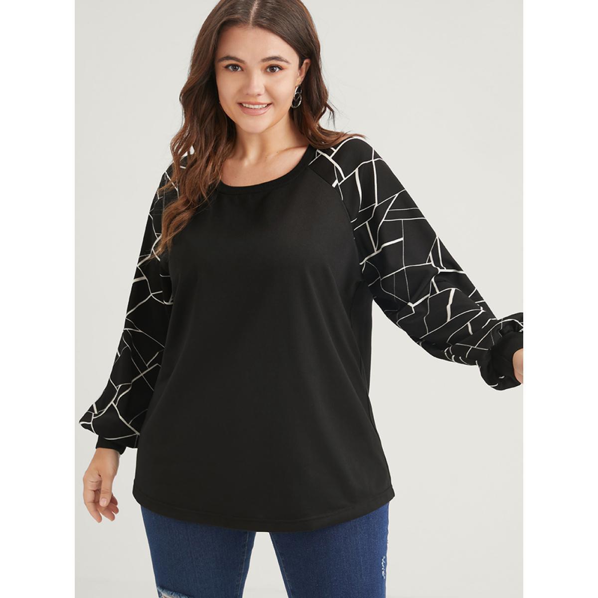Plus Size Geometric Raglan Sleeve Round Neck Sweatshirt Women Black Elegant Patchwork Round Neck Dailywear Sweatshirts BloomChic 30/6X Product Image