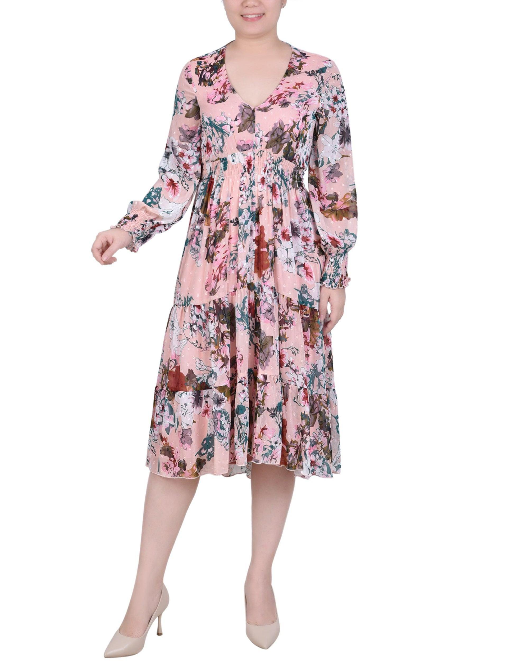 Blush Water Color Floral Long Sleeve Clip Dot Chiffon Dress With Smocked Waist and Cuffs Product Image