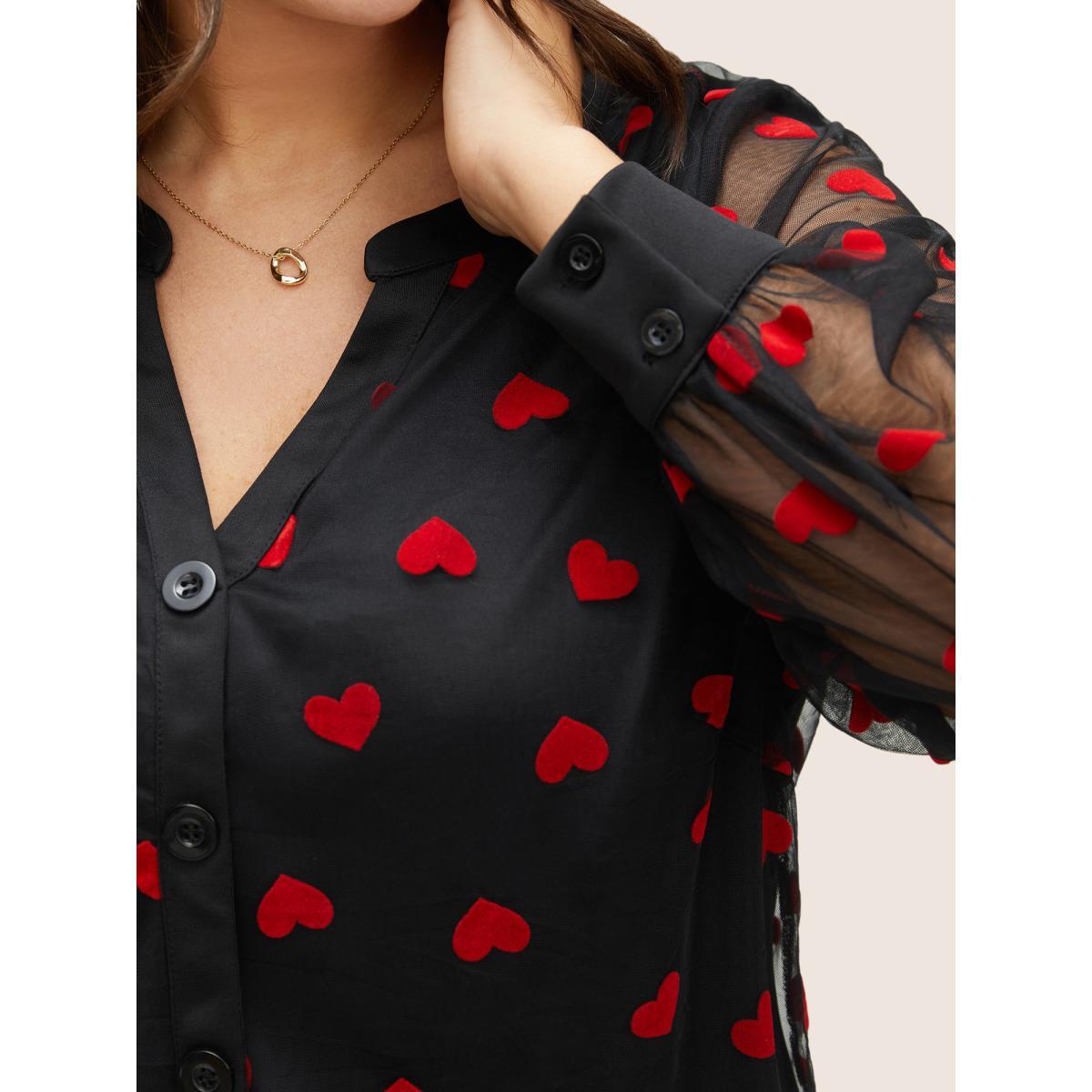 Plus Size Black Heart Mesh Patchwork V Neck Blouse Women Cocktail Long Sleeve V-neck Party Blouses BloomChic 14-16/1X Product Image