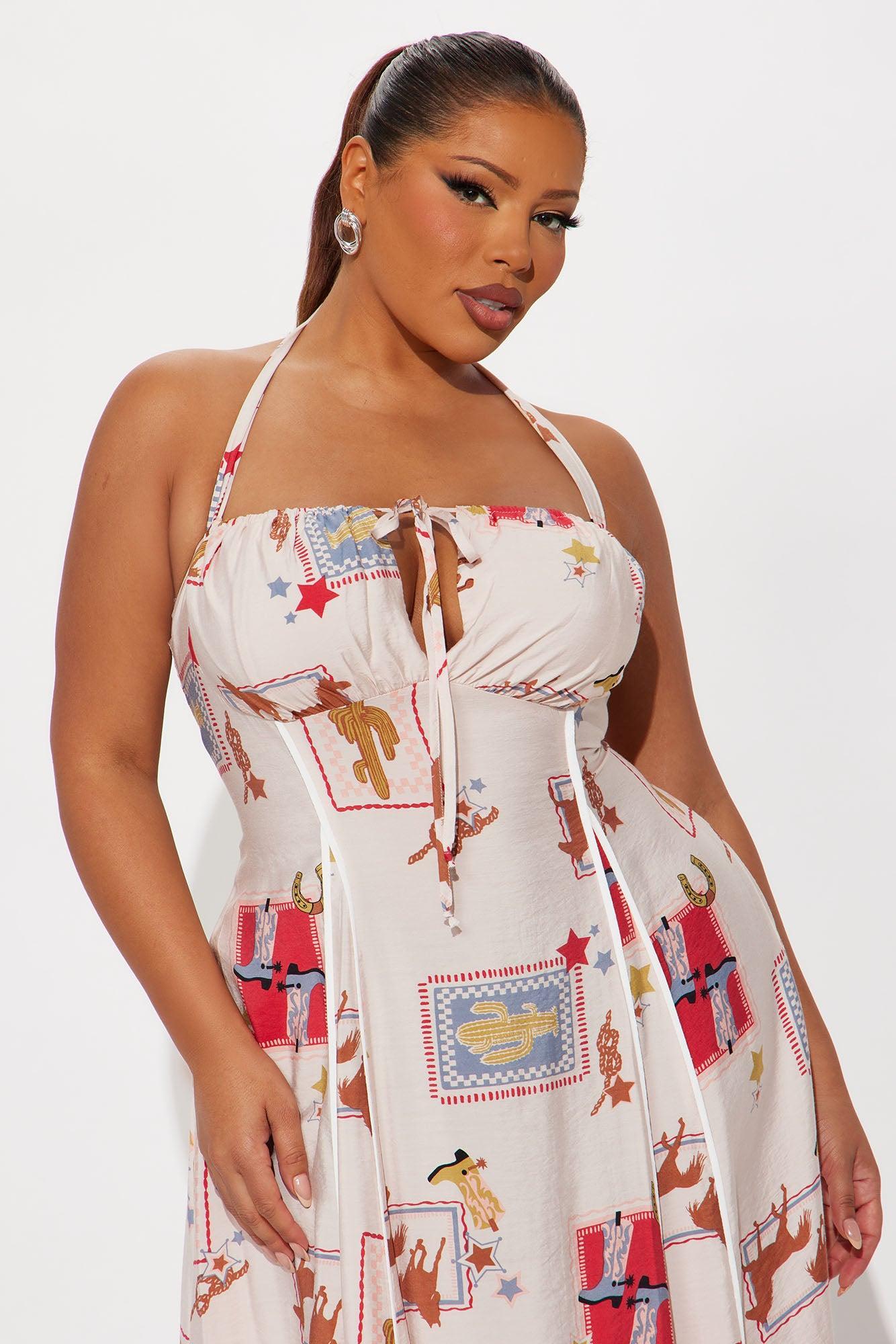 Rodeo Ready Halter Midi Dress - Beige/Brown Female Product Image