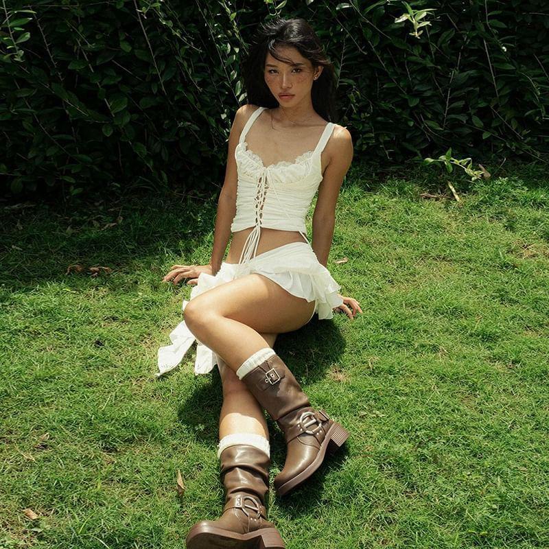 Scoop Neck Lace-Trim Plain Tie-Up Crop Tank Top / Low Waist Mini Skirt Product Image