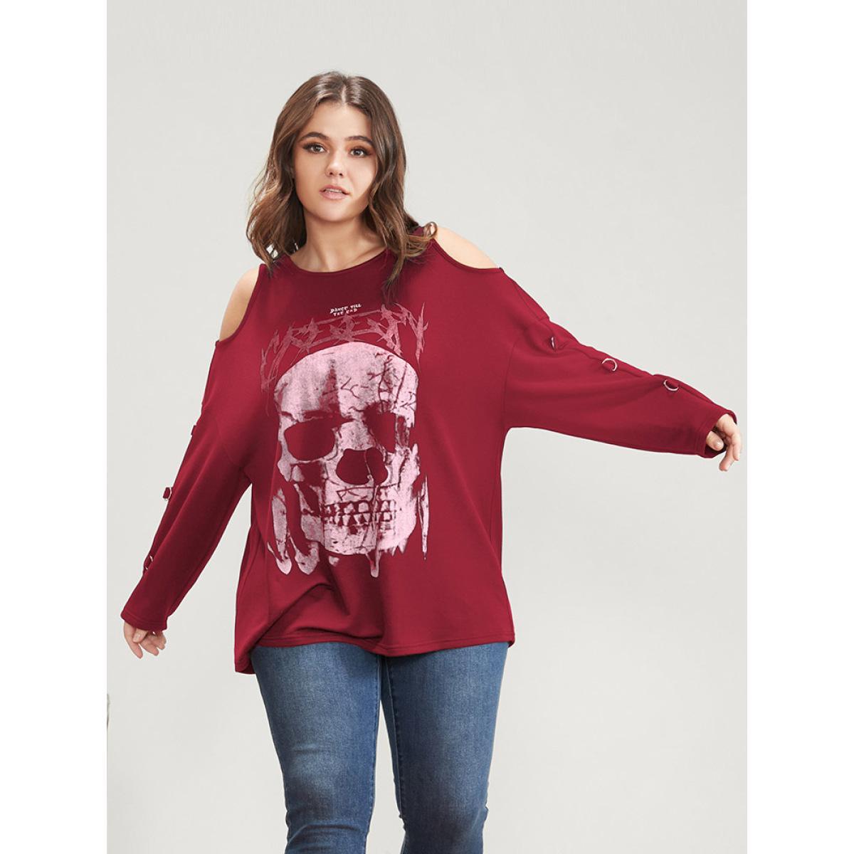 Plus Size Halloween Skull Print Cold Shoulder Sweatshirt Women Scarlet Elegant Printed Round Neck Dailywear Sweatshirts BloomChic 26/4X Product Image
