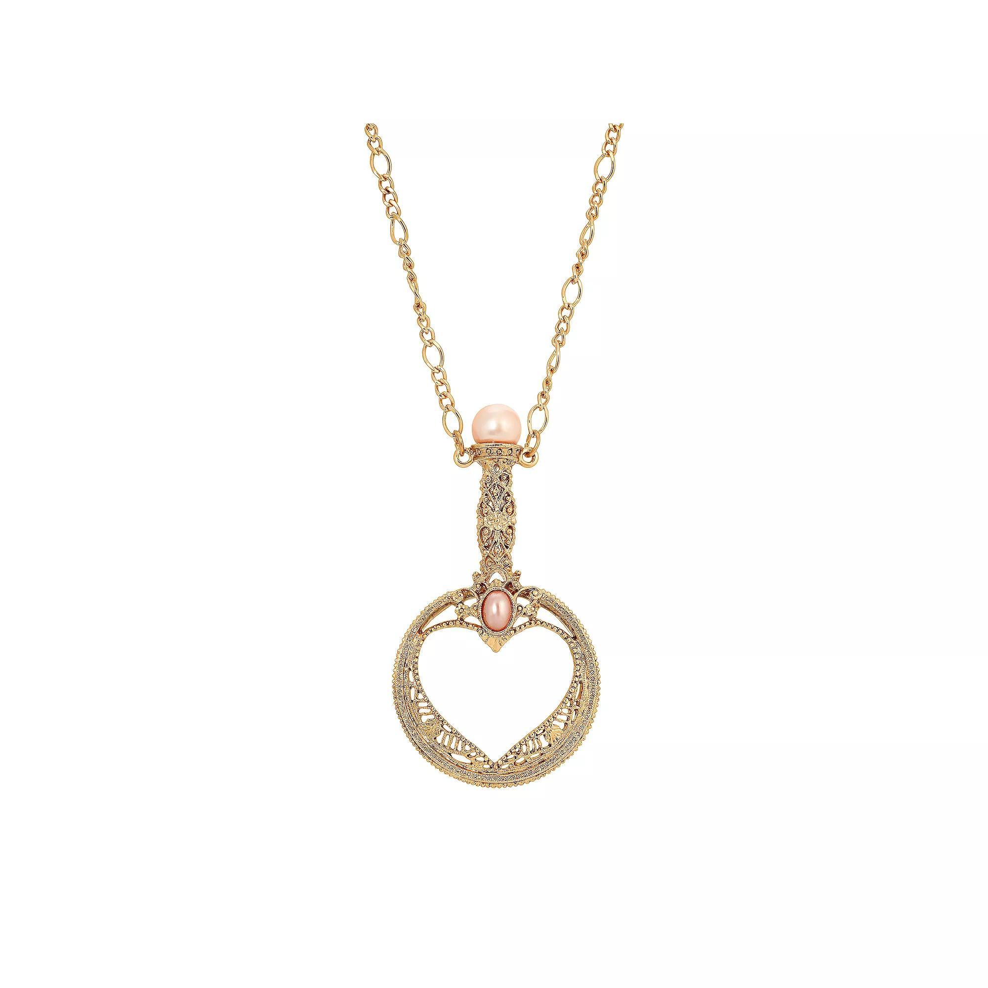 1928 Gold Tone Pink Pearl Magnifying Glass Necklace, Womens, Yellow Product Image
