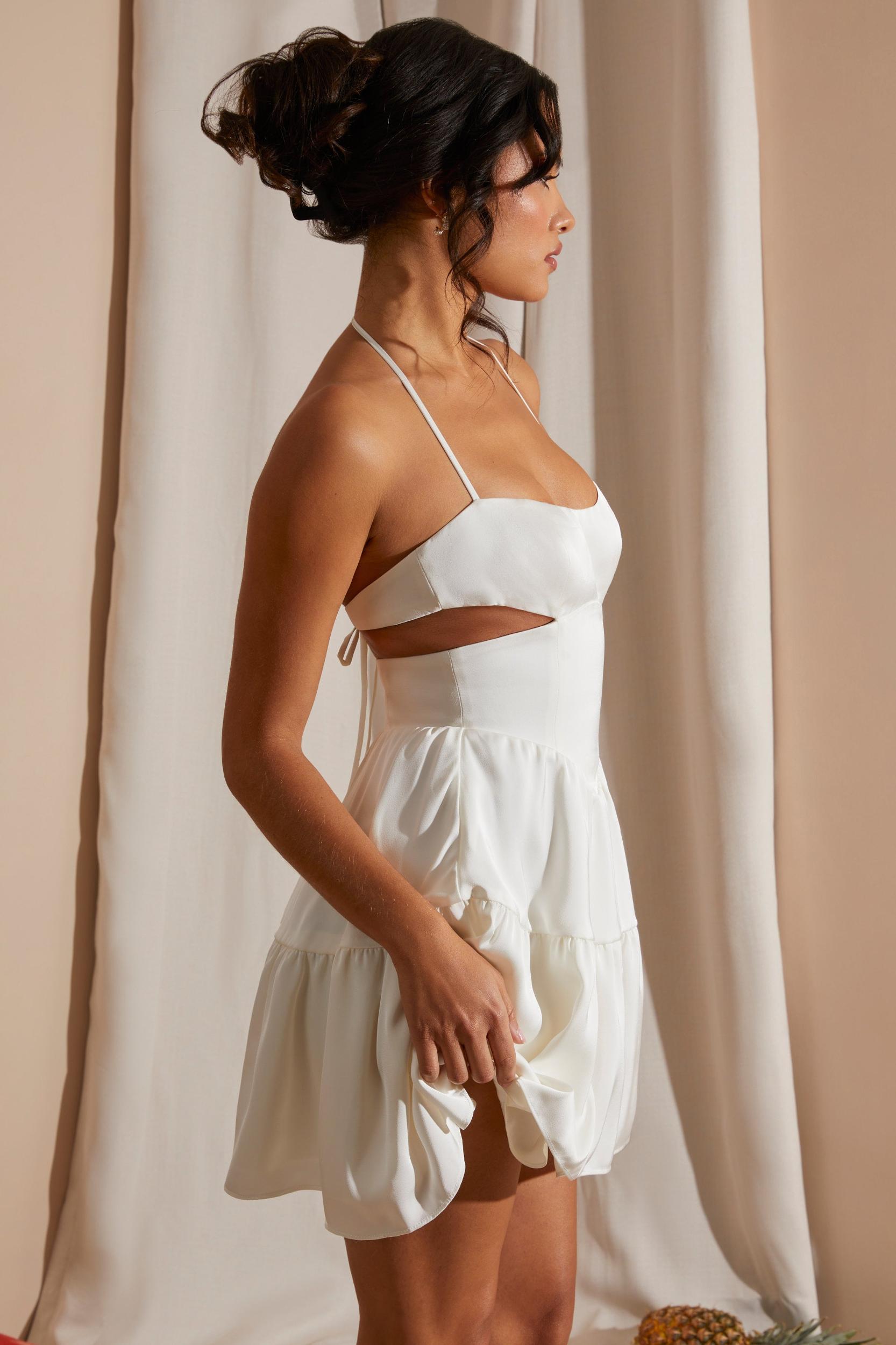 Halter Neck Cut Out Mini Dress in White Product Image