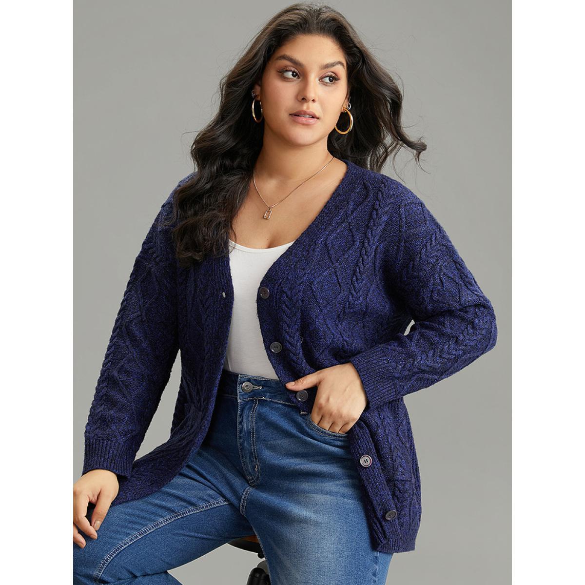 Plus Size Plain Geometric Texture Button Up Cable Knit Cardigan Midnight Women Casual Loose Long Sleeve Dailywear Cardigans BloomChic 30/6X Product Image
