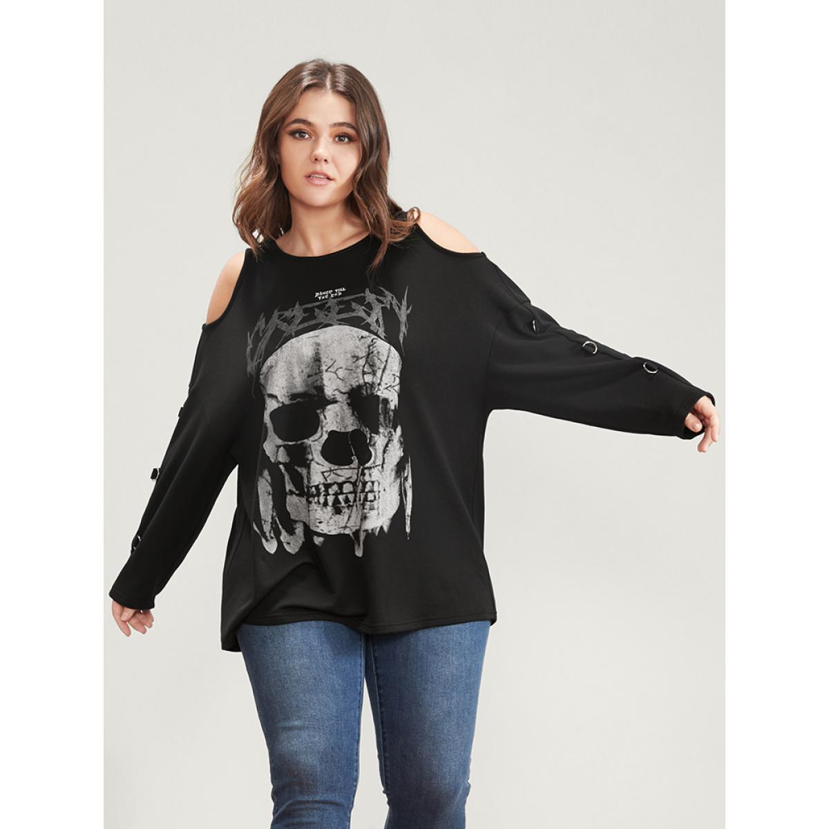 Plus Size Halloween Skull Print Cold Shoulder Sweatshirt Women Black Elegant Printed Round Neck Dailywear Sweatshirts BloomChic 18-20/2X Product Image