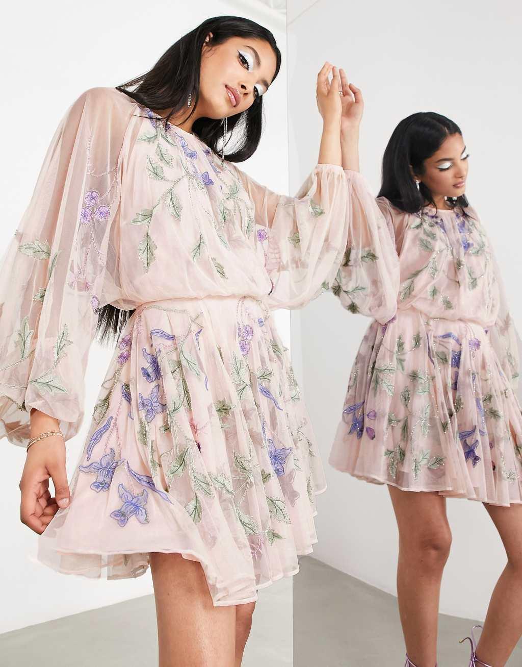 ASOS EDITION floral embroidered mesh mini dress with blouson sleeve Product Image