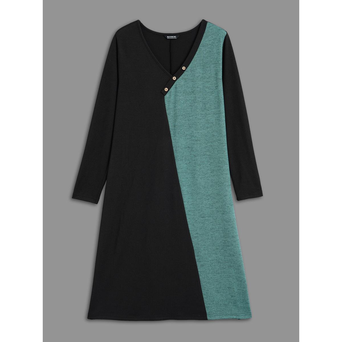 Plus Size V Neck Contrast Patchwork Button Detail Dress Black Women Casual Contrast Knit Dresses Bloomchic 14-16/1X Product Image