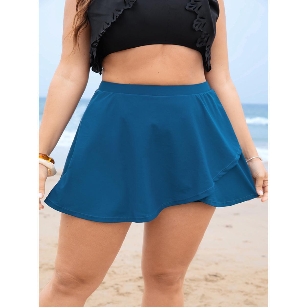 Plus Size Solid Ruffle Wrap Hem Swim Skirt Women's Swimwear Indigo Vacation A-line High stretch Bodycon High Rise Curve Swim Bottoms BloomChic 30/6X Product Image