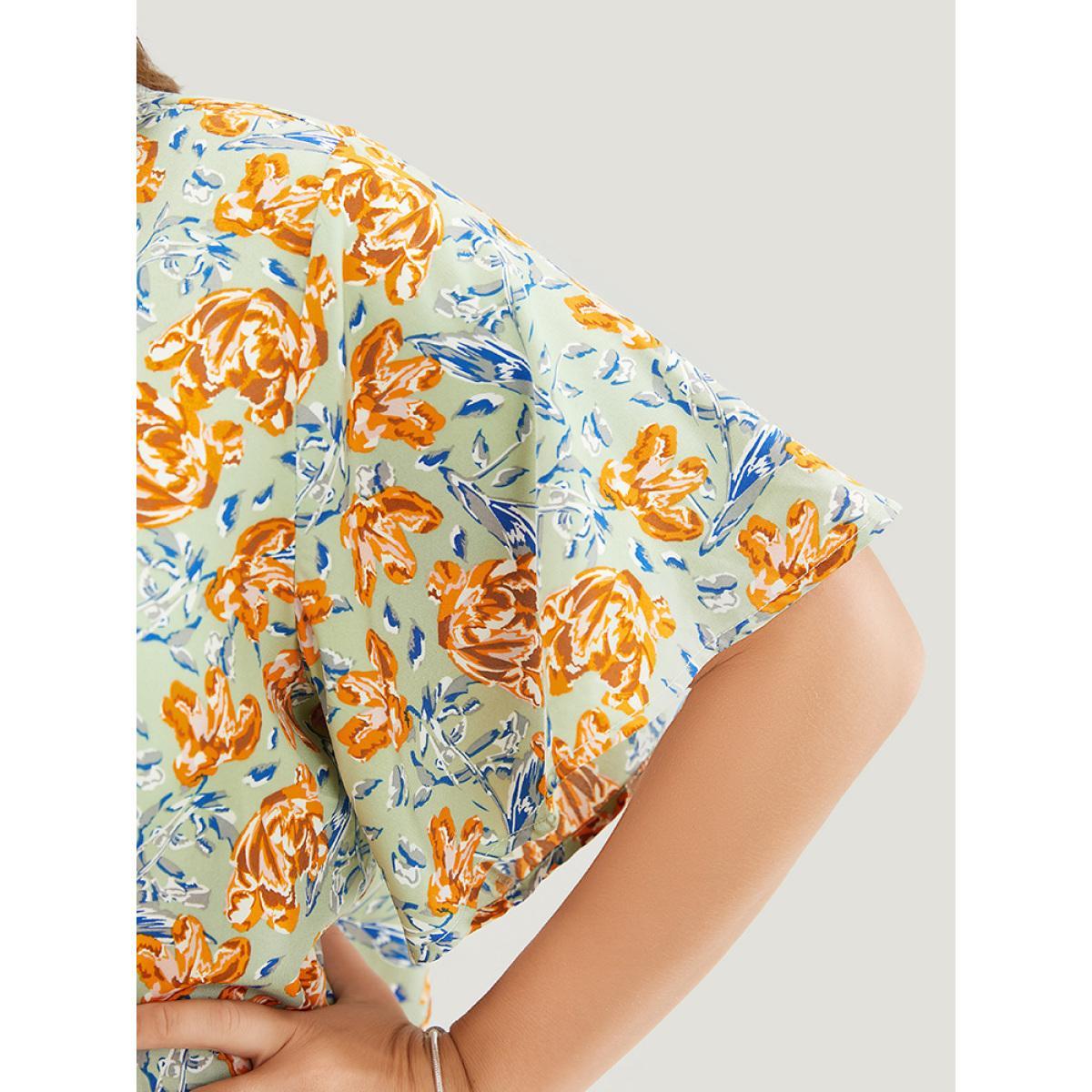 Plus Size Mint Floral Ruffle Sleeve Lace Up V Neck Blouse Women Elegant Short sleeve V-neck Dailywear Blouses BloomChic 10/M Product Image