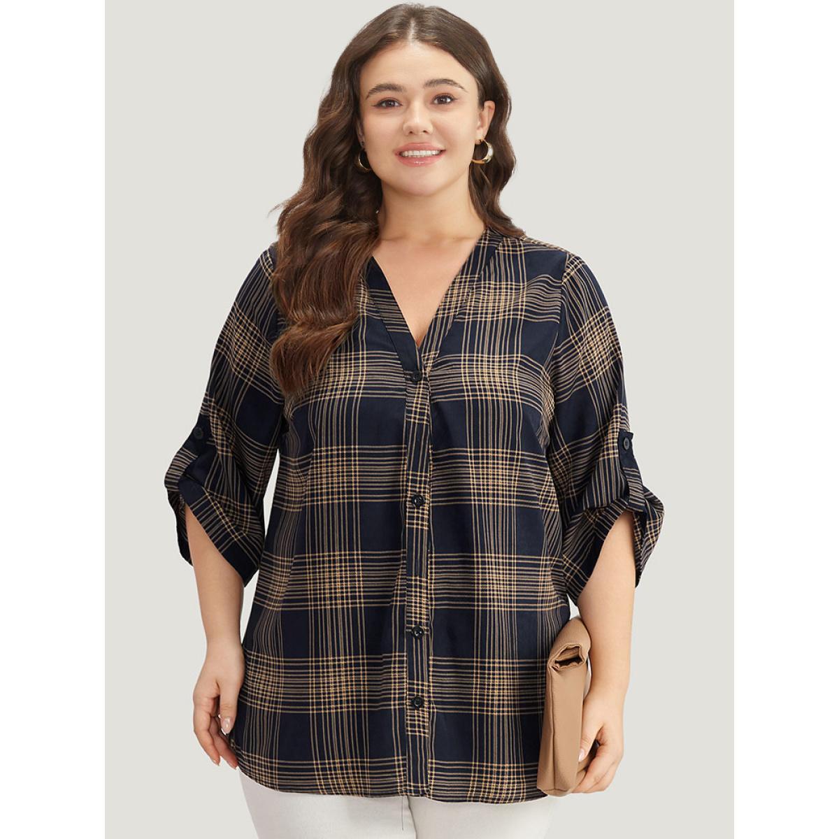 Plus Size Indigo Plaid Button Through Roll Tab Sleeve Blouse Women Office Half Sleeve V-neck Work Blouses BloomChic 26/4X Product Image